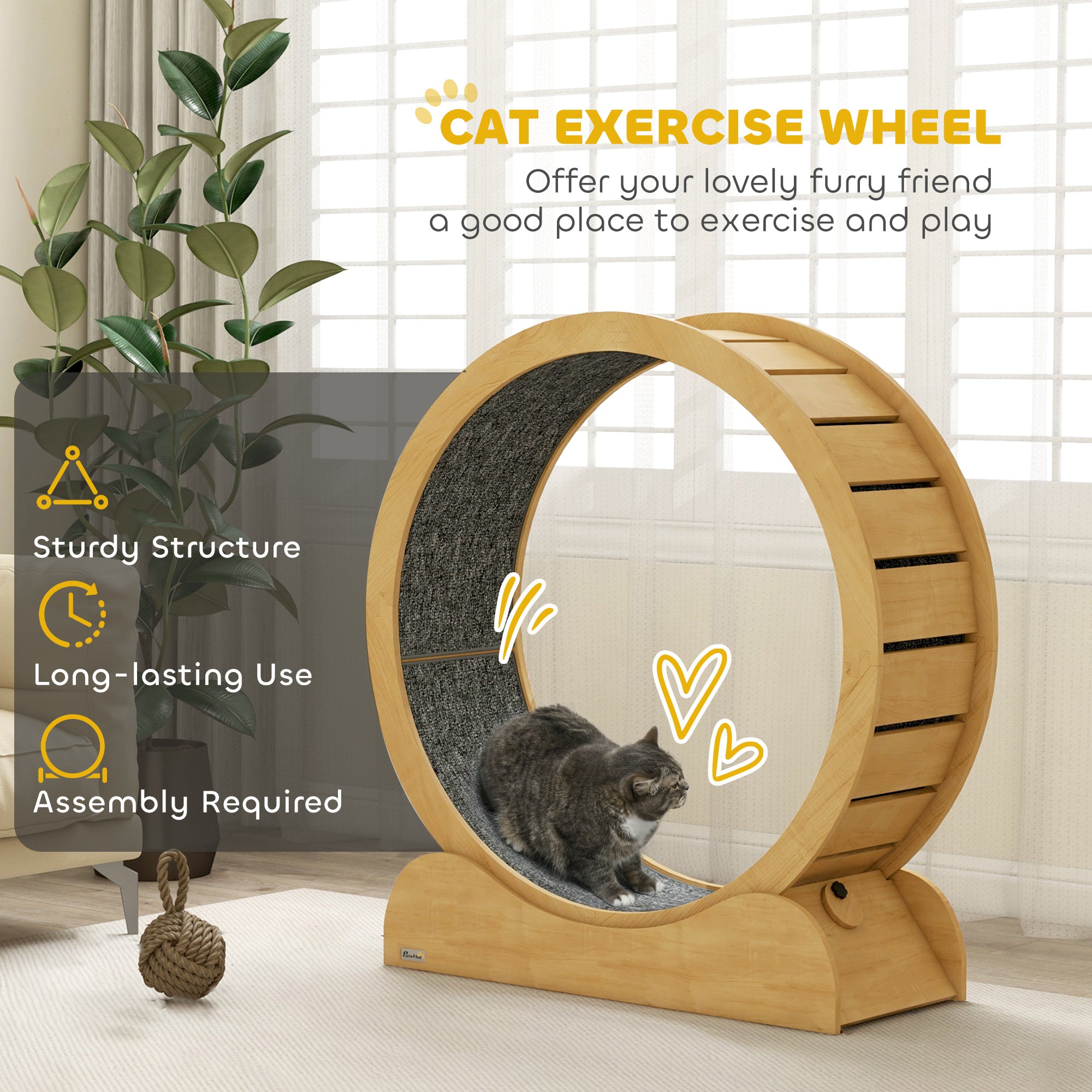 PawHut Cat Wheel for Indoor Cats, 39 Inch Cat Exercise Wheel, Cat Treadmill with Brake, Cat Running Wheel for Fitness & Healthy, Natural