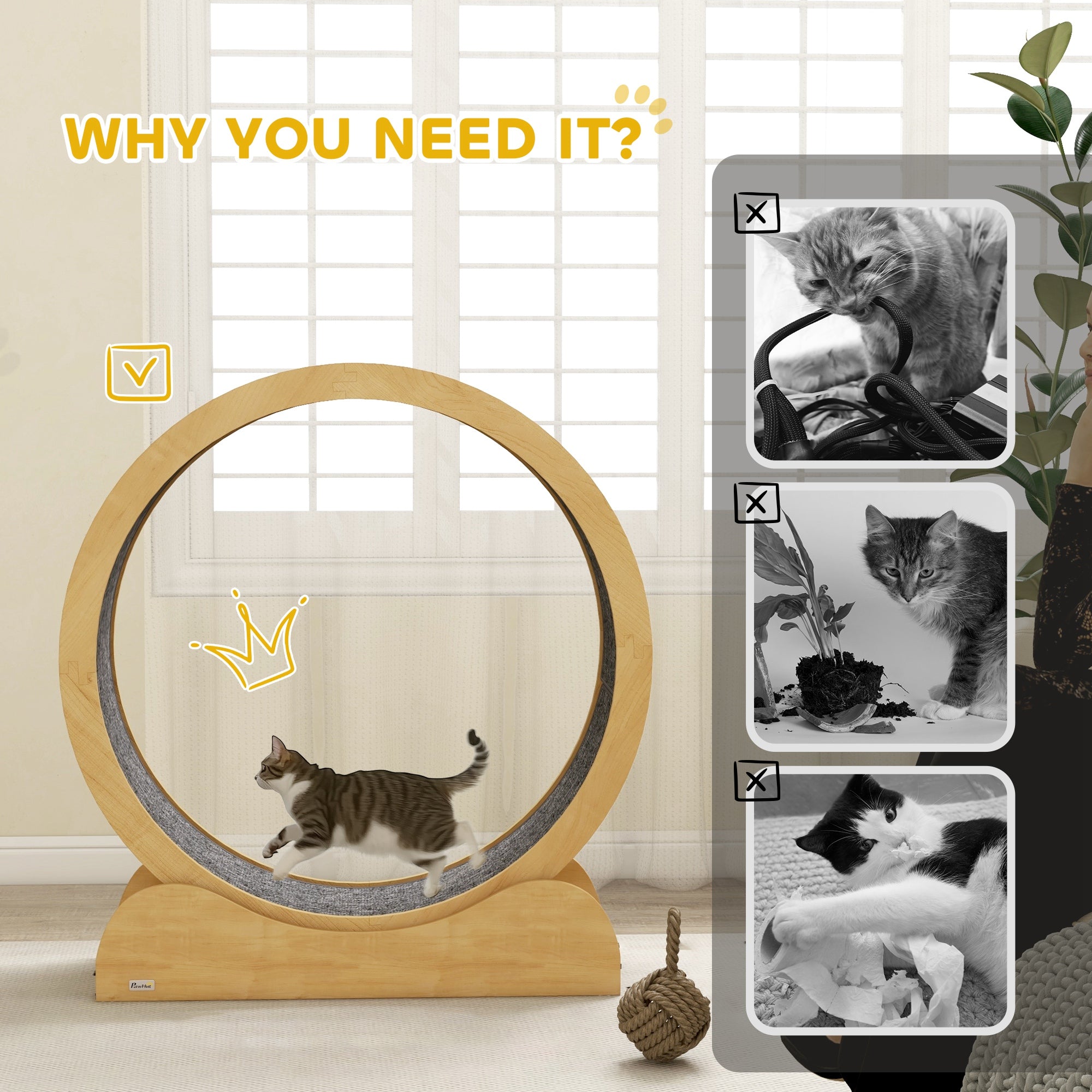PawHut Cat Wheel for Indoor Cats, 39 Inch Cat Exercise Wheel, Cat Treadmill with Brake, Cat Running Wheel for Fitness & Healthy, Natural
