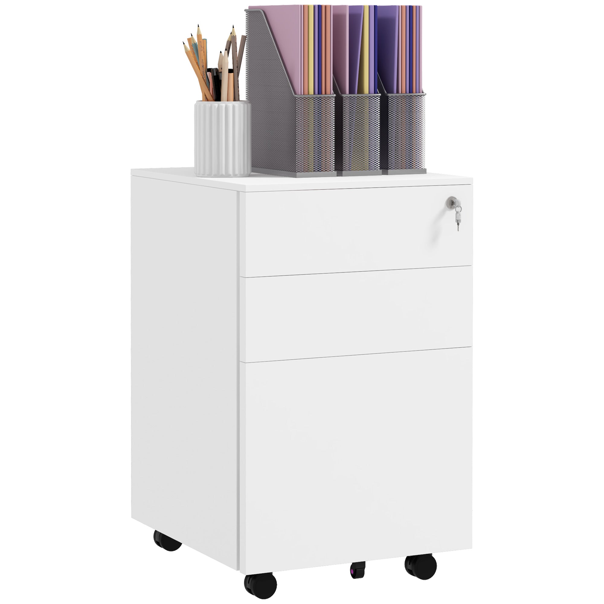 Vinsetto Vertical Steel Filing Cabinet on Wheels, 3-Drawer Lockable File Cabinet with Adjustable Hanging Bar for A4, Legal and Letter Size, White