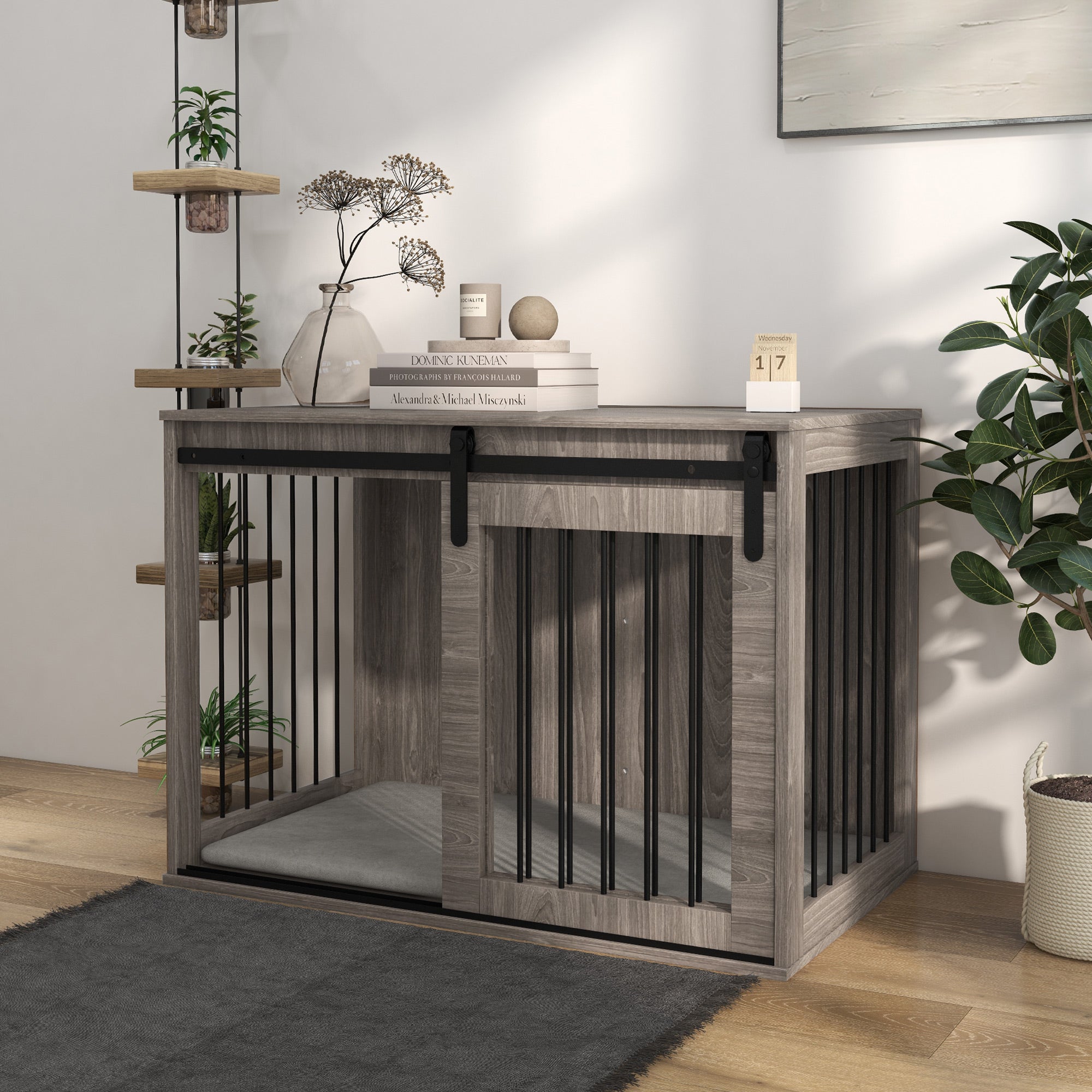 PawHut Dog Crate Furniture, Dog House Furniture Style for Large Breeds, Pet Kennel with Removable Cushion for Indoor Use, 98 x 58 x 61cm, Brown