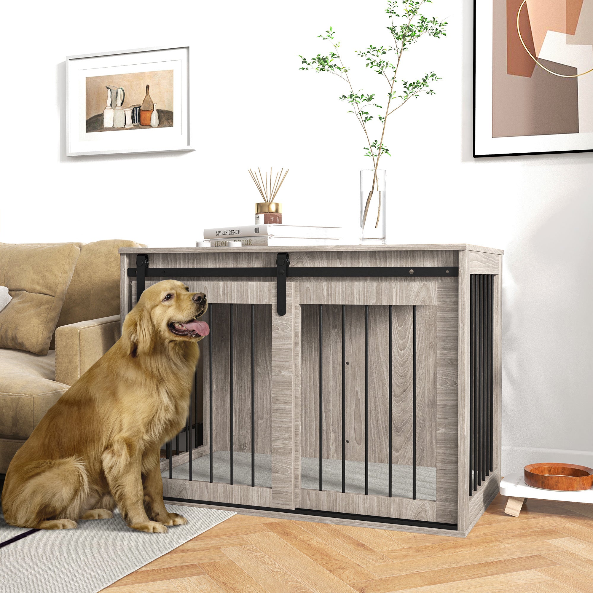 PawHut Dog Crate Furniture, Dog House Furniture Style for Large Breeds, Pet Kennel with Removable Cushion for Indoor Use, 98 x 58 x 61cm, Brown