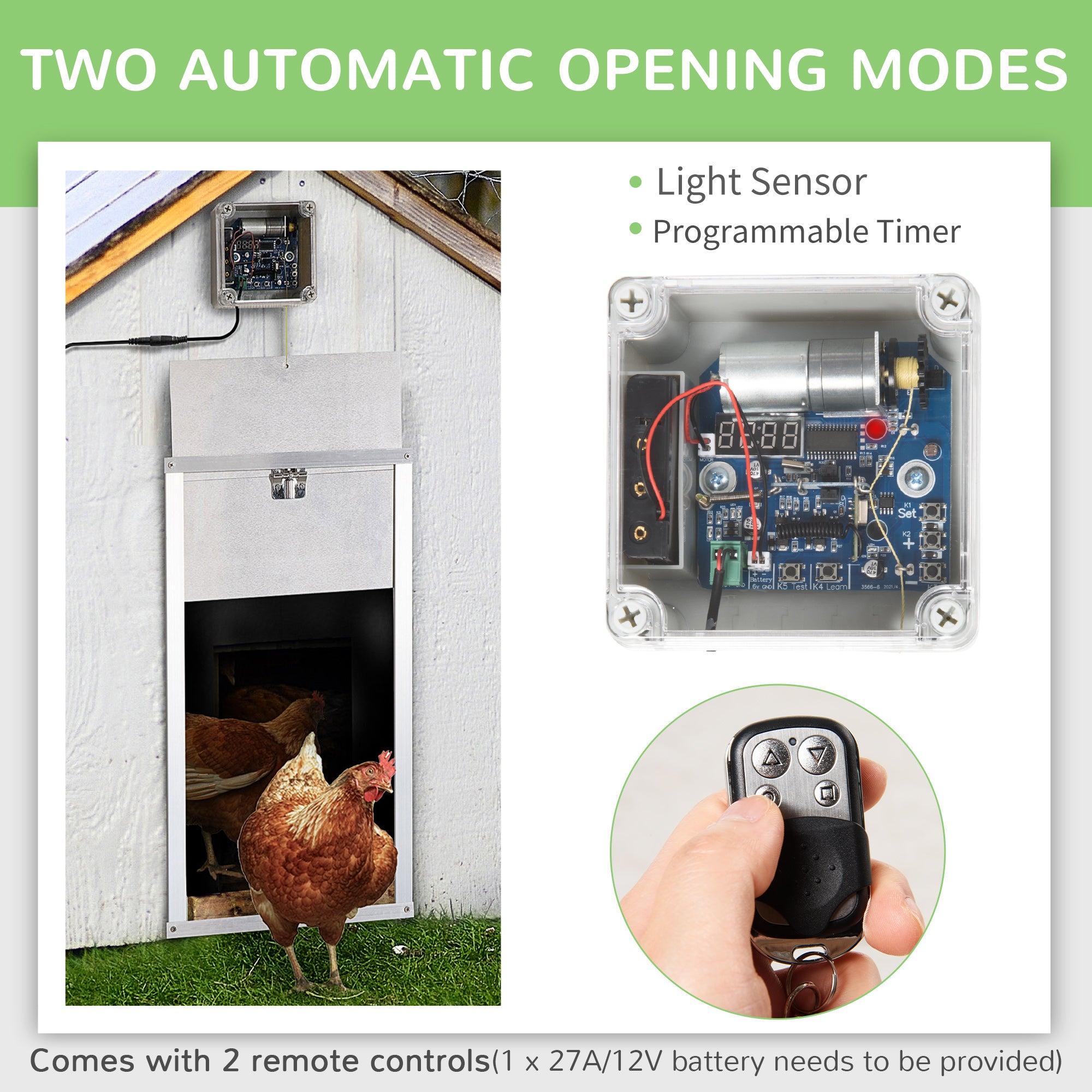 PawHut Automatic Chicken Coop Door Opener with Timer & Light Sensor, Aluminum Weatherproof Chicken Door with 6V DC Power Supply and Remote Controls, Silver