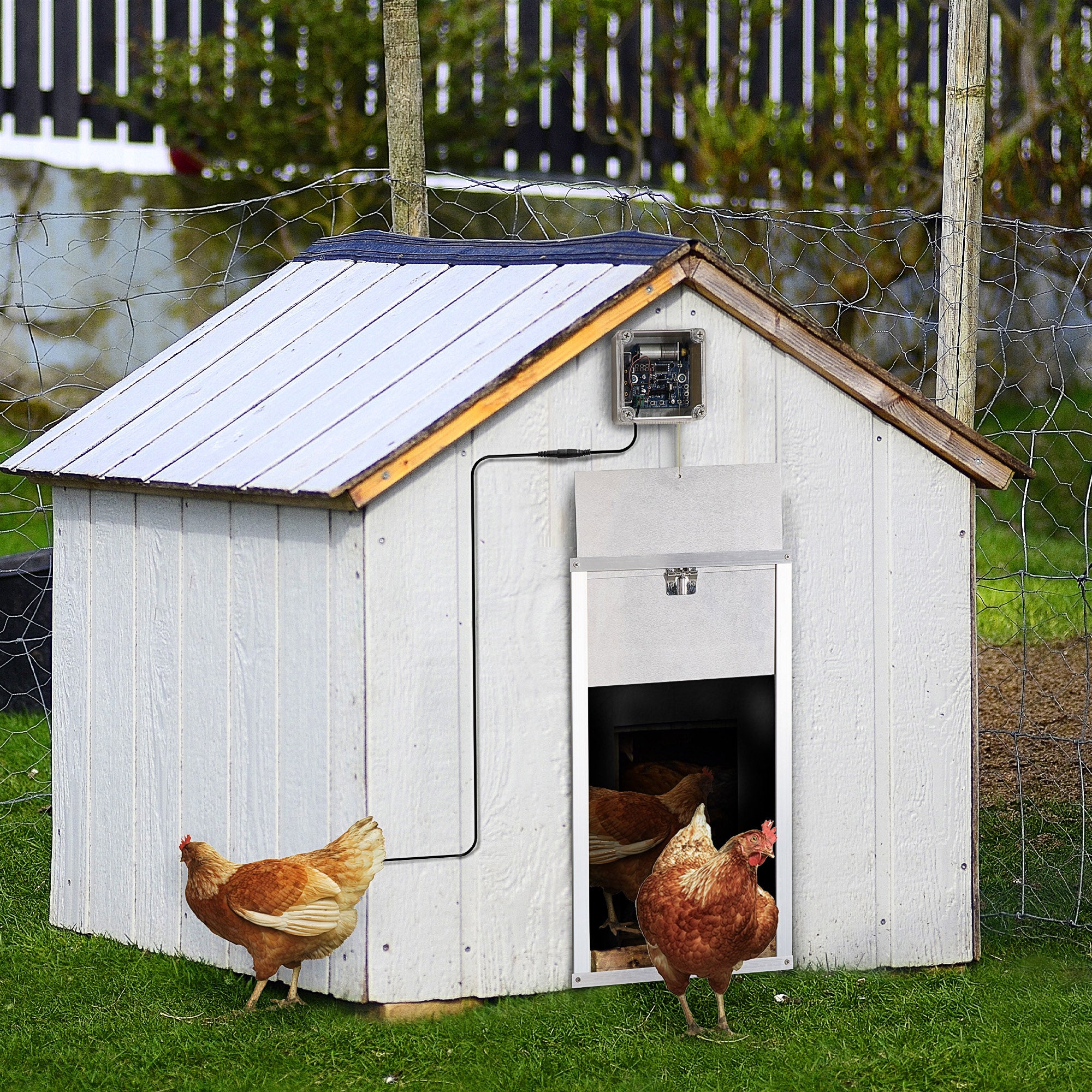 PawHut Automatic Chicken Coop Door Opener with Timer & Light Sensor, Aluminum Weatherproof Chicken Door with 6V DC Power Supply and Remote Controls, Silver