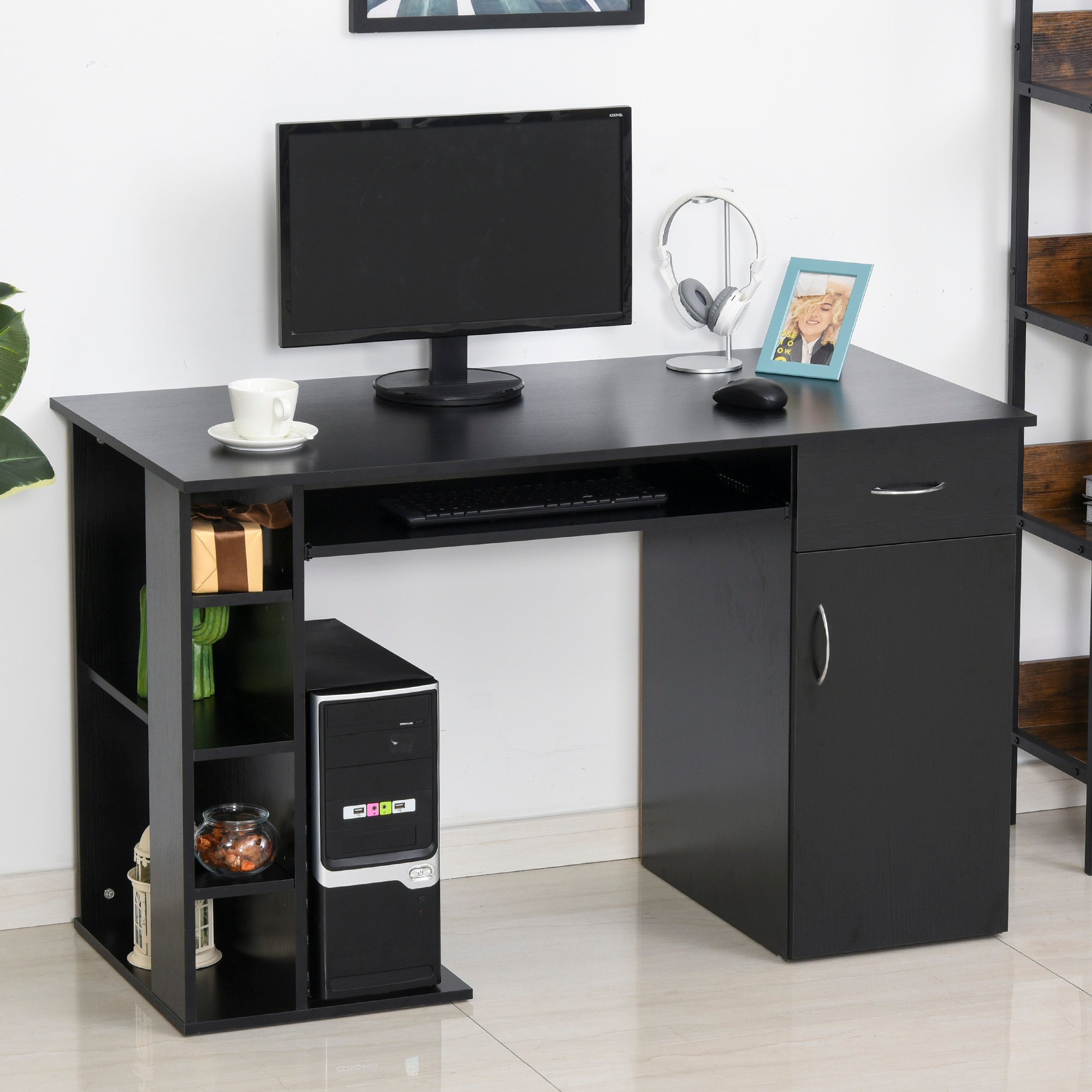 HOMCOM 47.25" Computer Desk with Keyboard Tray, CPU Stand, Writing Desk with Drawer and Storage Shelves, Black
