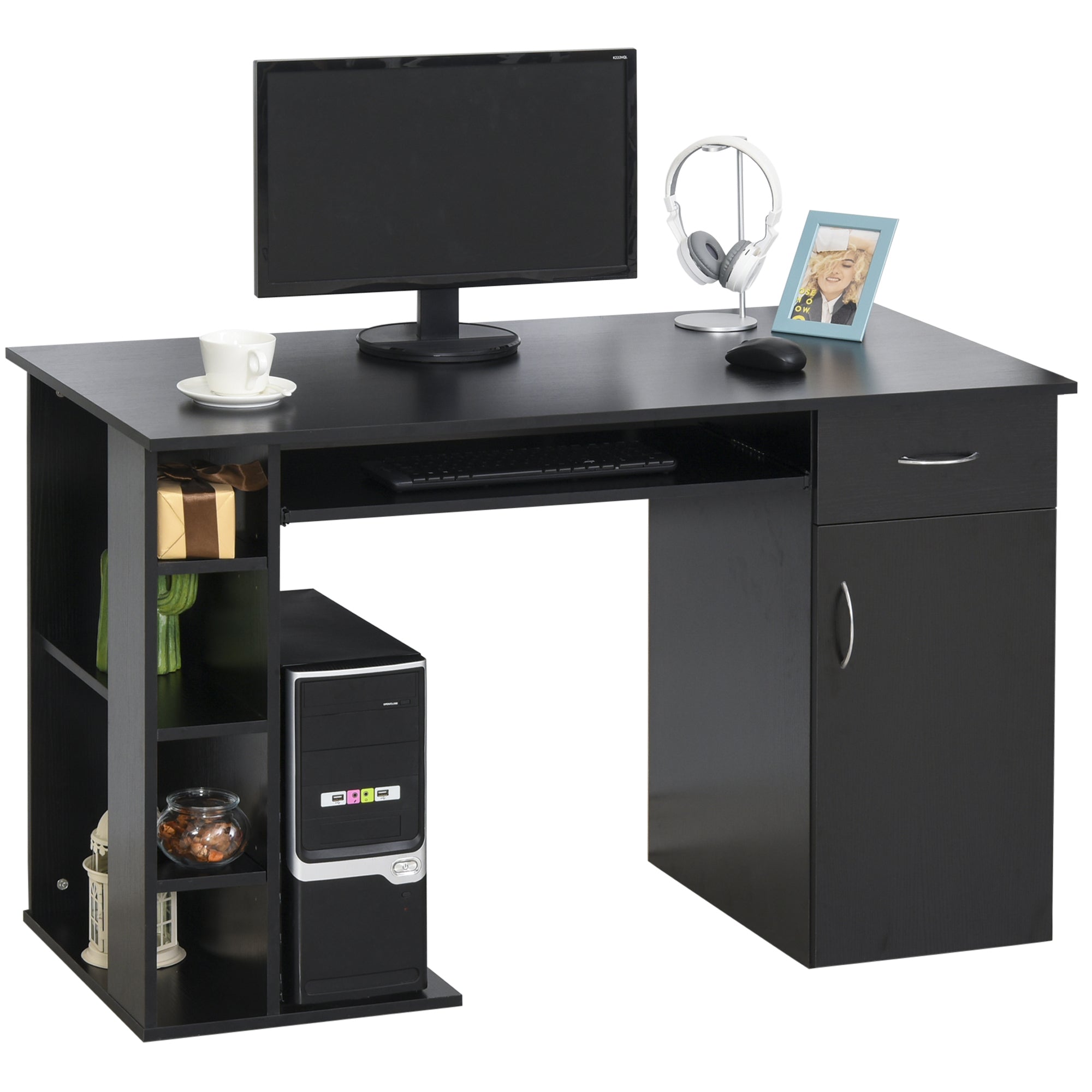 HOMCOM 47.25" Computer Desk with Keyboard Tray, CPU Stand, Writing Desk with Drawer and Storage Shelves, Black
