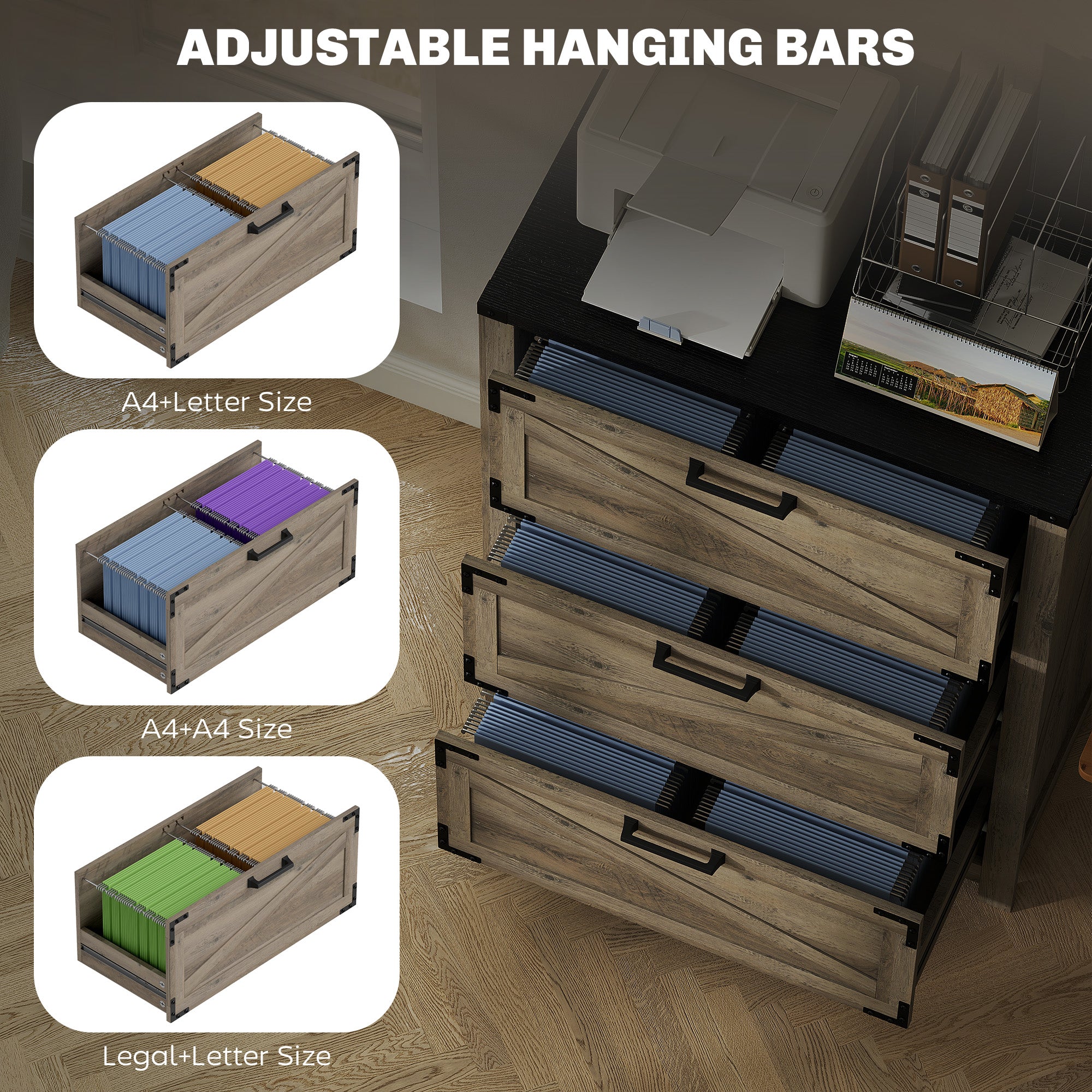 HOMCOM 3 Drawer File Cabinet, Farmhouse Lateral Filing Cabinet with Adjustable Hanging Bars for Letter, A4 and Legal Size, Printer Stand for Home Office, Grey Wash