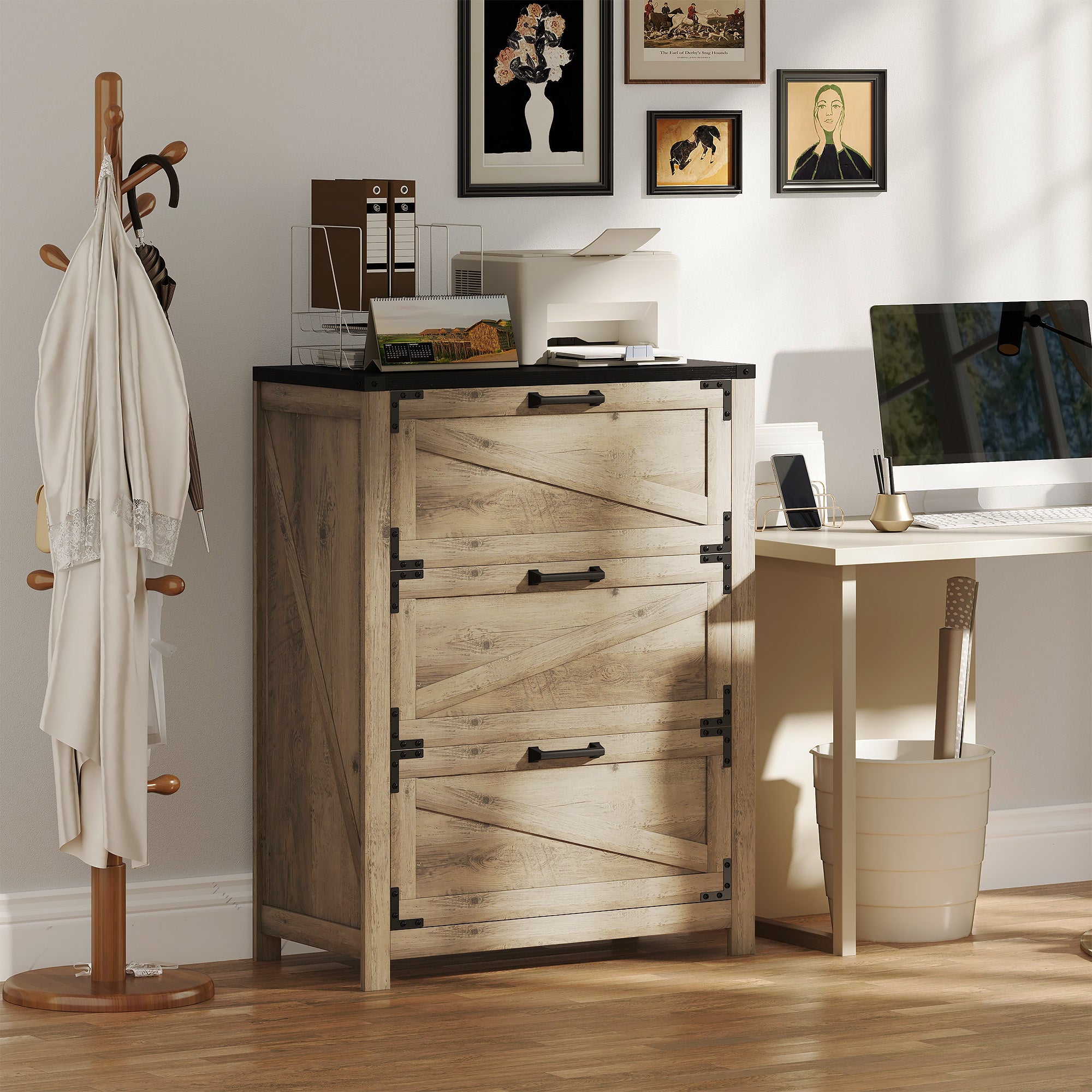 HOMCOM 3 Drawer File Cabinet, Farmhouse Lateral Filing Cabinet with Adjustable Hanging Bars for Letter, A4 and Legal Size, Printer Stand for Home Office, Grey Wash