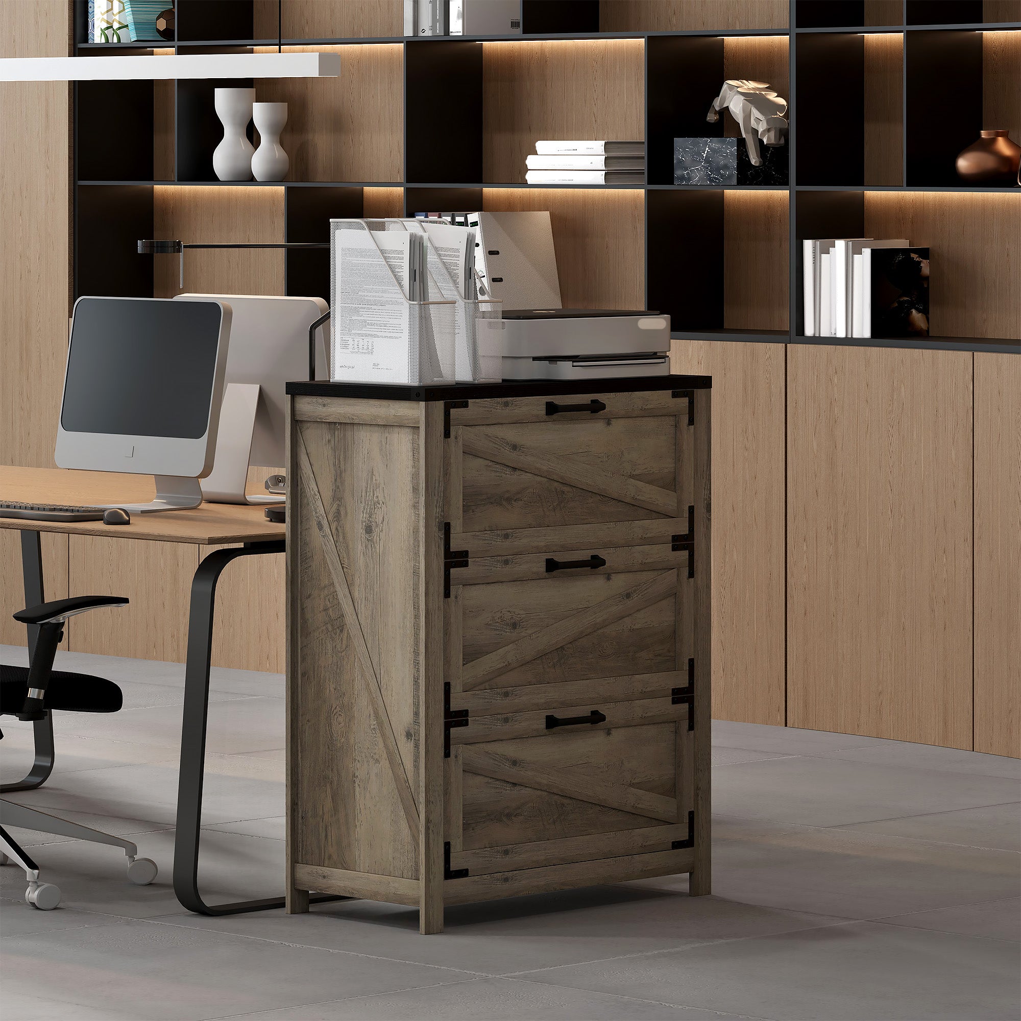 HOMCOM 3 Drawer File Cabinet, Farmhouse Lateral Filing Cabinet with Adjustable Hanging Bars for Letter, A4 and Legal Size, Printer Stand for Home Office, Grey Wash