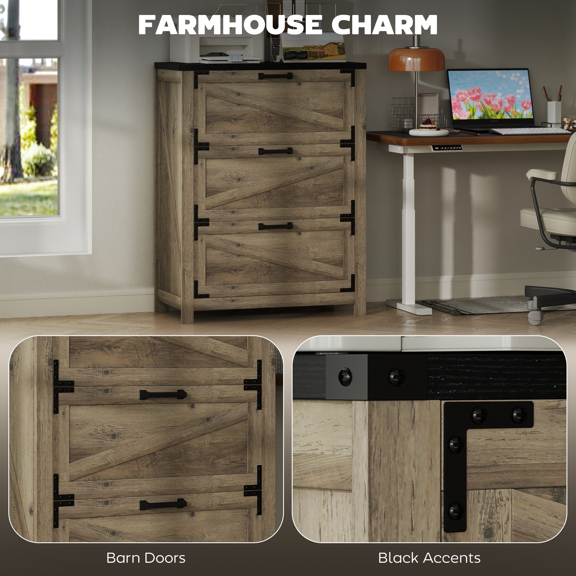 HOMCOM 3 Drawer File Cabinet, Farmhouse Lateral Filing Cabinet with Adjustable Hanging Bars for Letter, A4 and Legal Size, Printer Stand for Home Office, Grey Wash