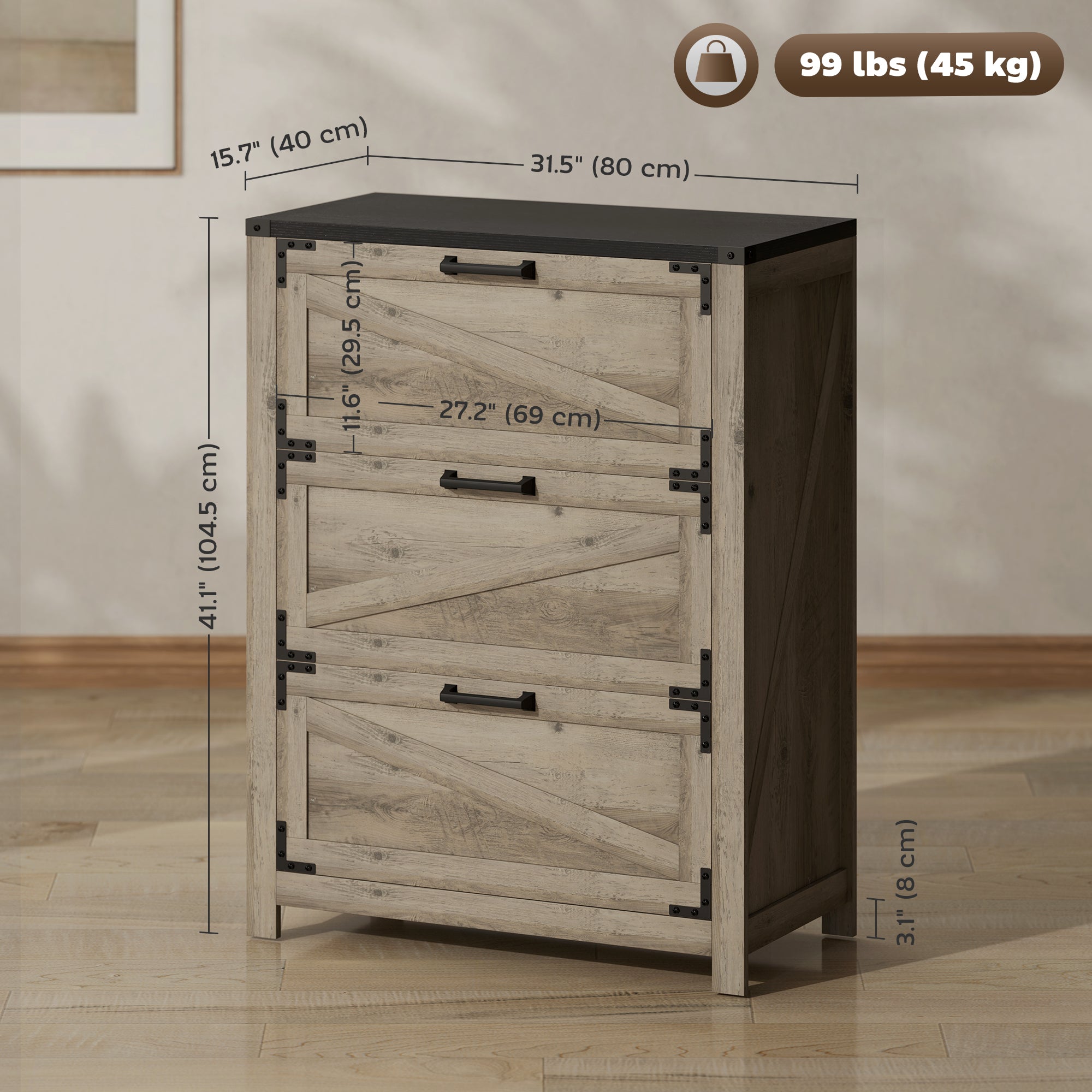 HOMCOM 3 Drawer File Cabinet, Farmhouse Lateral Filing Cabinet with Adjustable Hanging Bars for Letter, A4 and Legal Size, Printer Stand for Home Office, Grey Wash