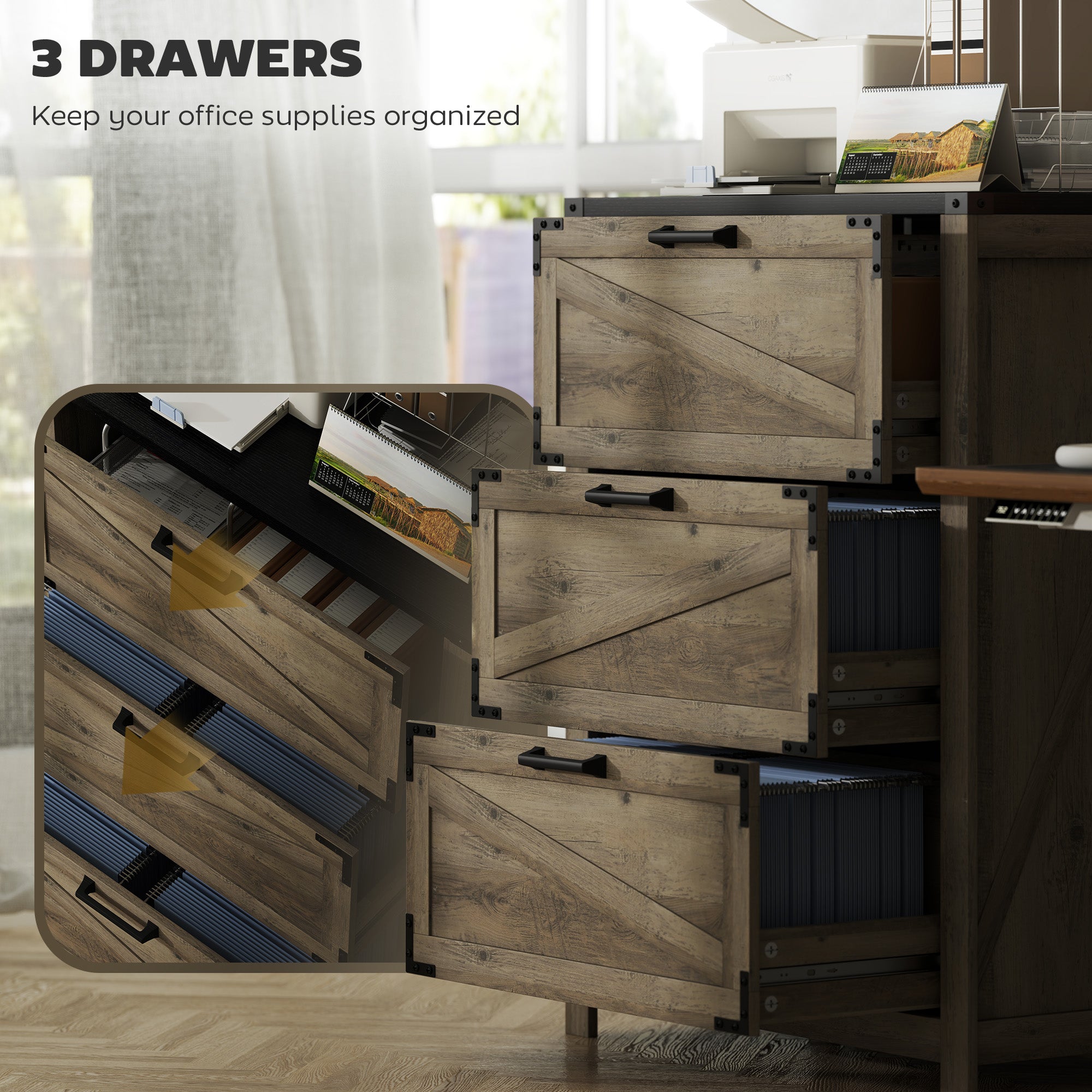 HOMCOM 3 Drawer File Cabinet, Farmhouse Lateral Filing Cabinet with Adjustable Hanging Bars for Letter, A4 and Legal Size, Printer Stand for Home Office, Grey Wash