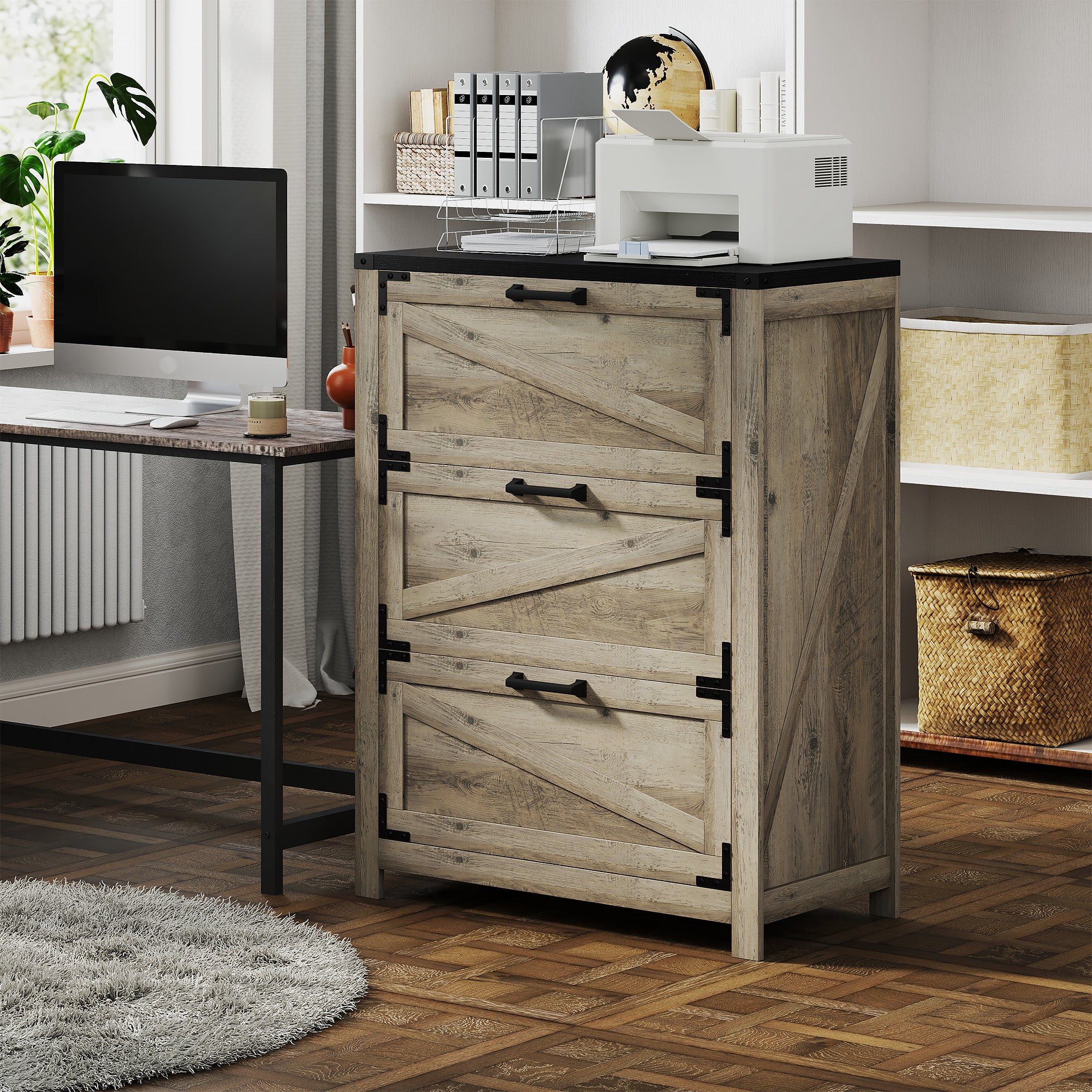HOMCOM 3 Drawer File Cabinet, Farmhouse Lateral Filing Cabinet with Adjustable Hanging Bars for Letter, A4 and Legal Size, Printer Stand for Home Office, Grey Wash