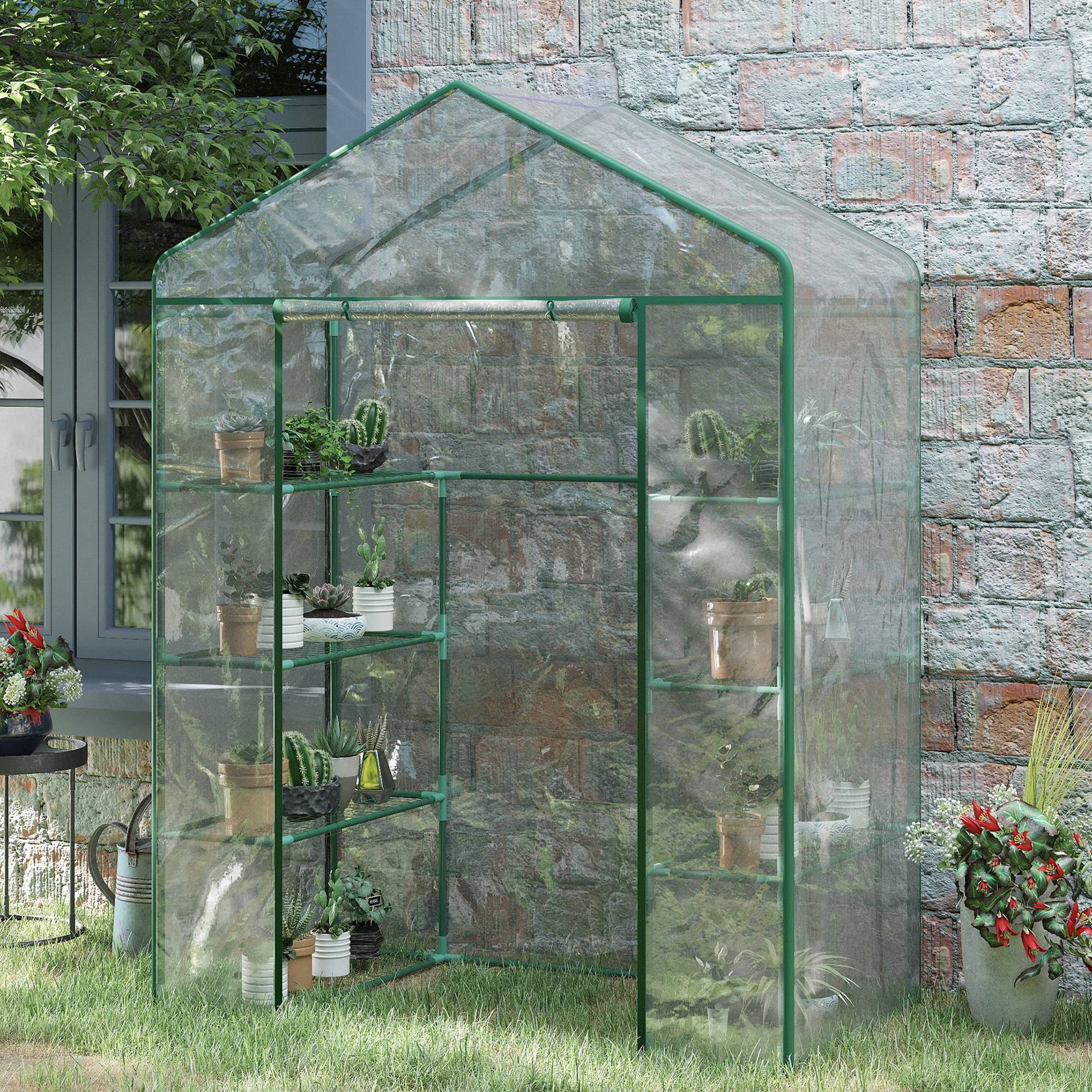 Outsunny 56" x 29" x 77" Portable Walk-in Greenhouse Garden Flower Plant Growing Warm House w/ 4 Tier Shelves and Roll Up Zippered Door, Transparent