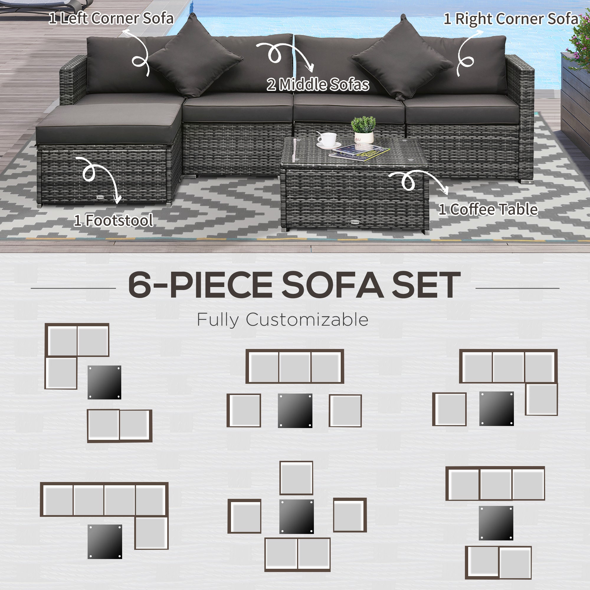 Outsunny 6 Pieces Outdoor PE Rattan Wicker Patio Furniture Sofa Set with Thick Cushions, Deluxe Garden Sectional Couch with Glass Top Table, Mixed Grey and Charcoal