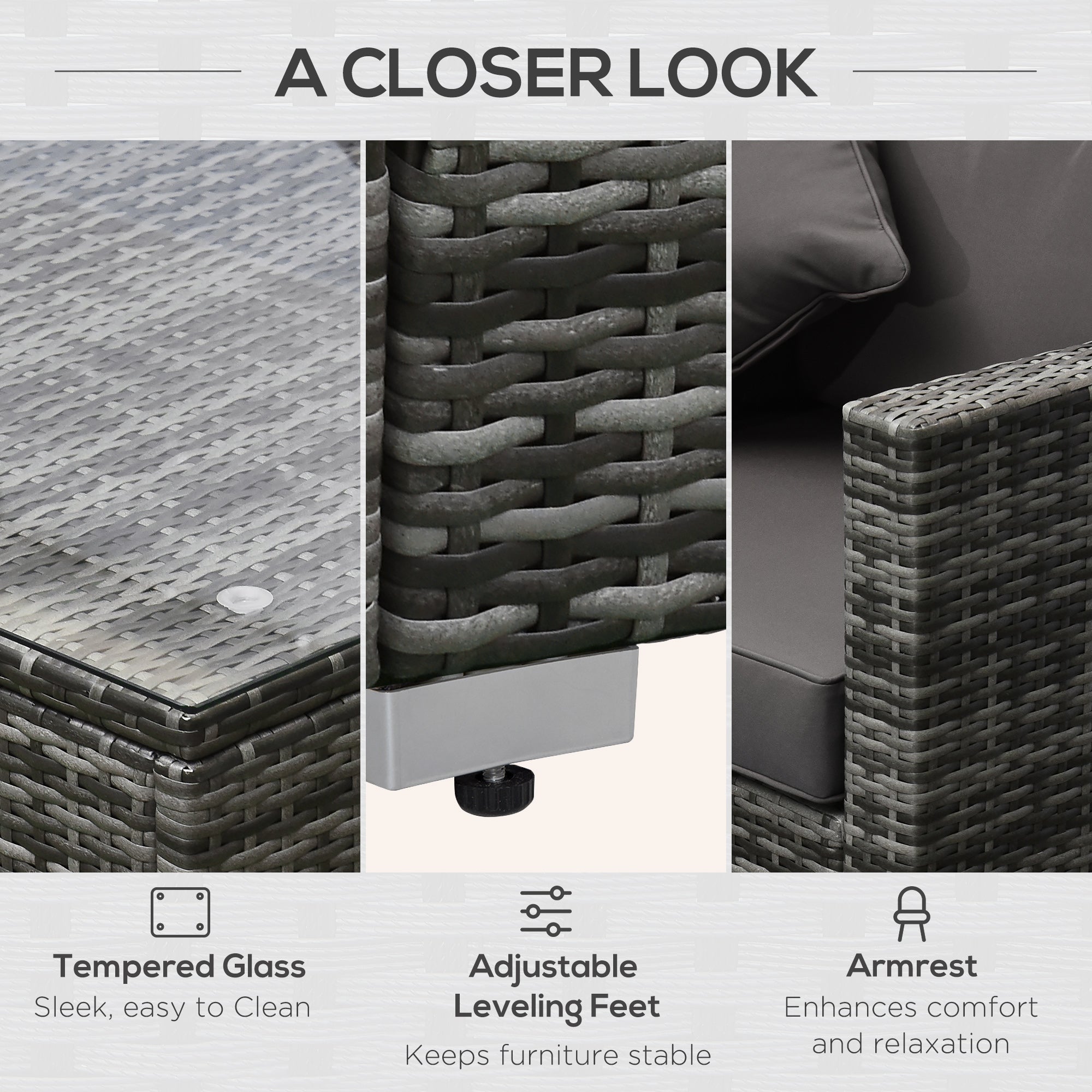 Outsunny 6 Pieces Outdoor PE Rattan Wicker Patio Furniture Sofa Set with Thick Cushions, Deluxe Garden Sectional Couch with Glass Top Table, Mixed Grey and Charcoal