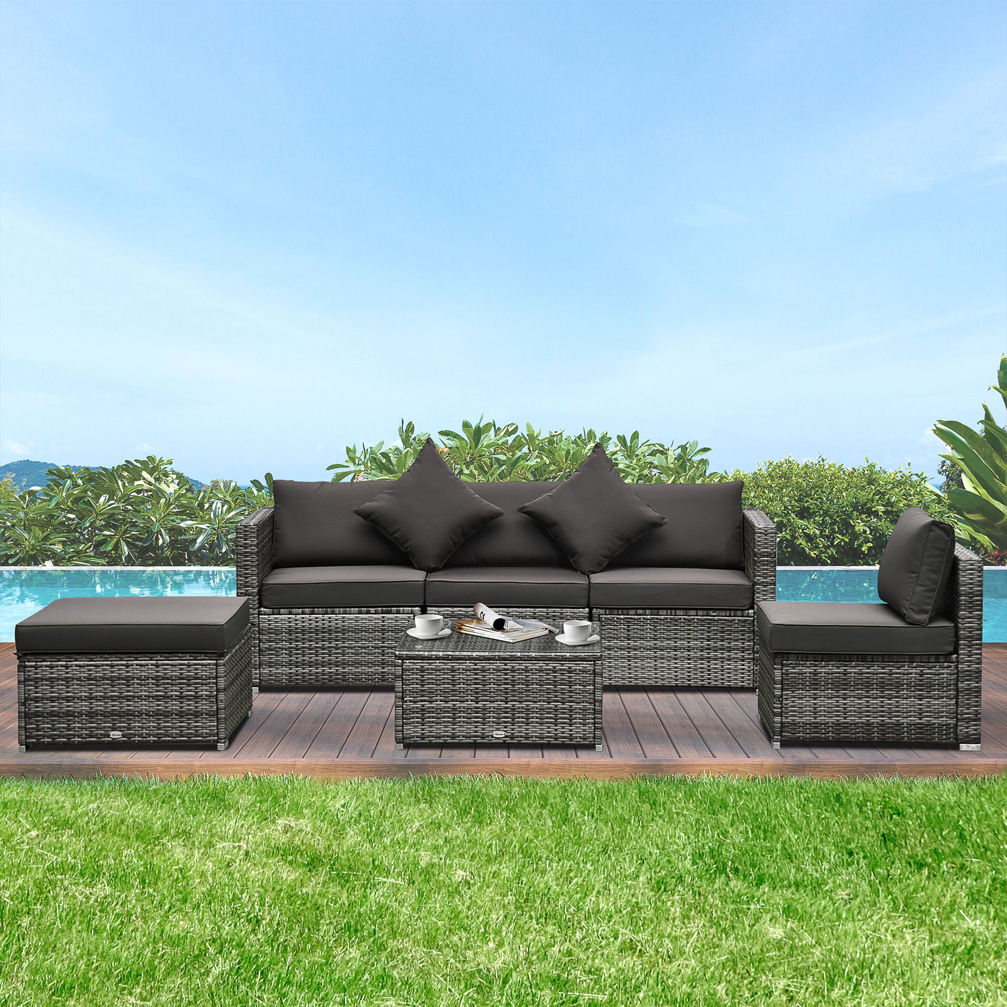 Outsunny 6 Pieces Outdoor PE Rattan Wicker Patio Furniture Sofa Set with Thick Cushions, Deluxe Garden Sectional Couch with Glass Top Table, Mixed Grey and Charcoal