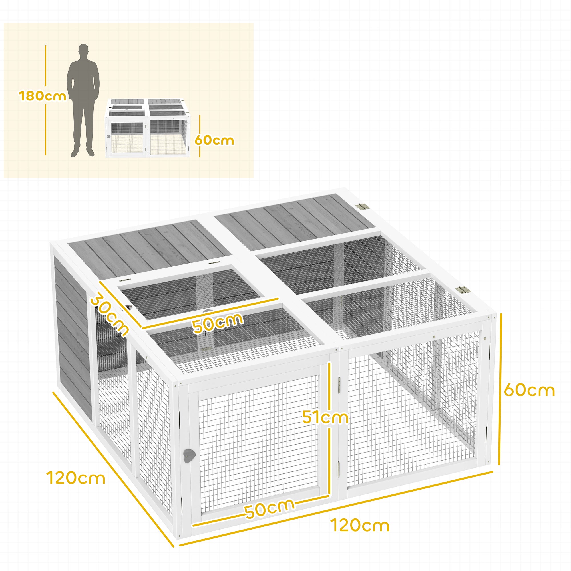 PawHut 48 Inch Rabbit Hutch Rabbit Run Small Animal Guinea Pig House Bunny Cage Hideaway Outdoor with Openable Roof Grey