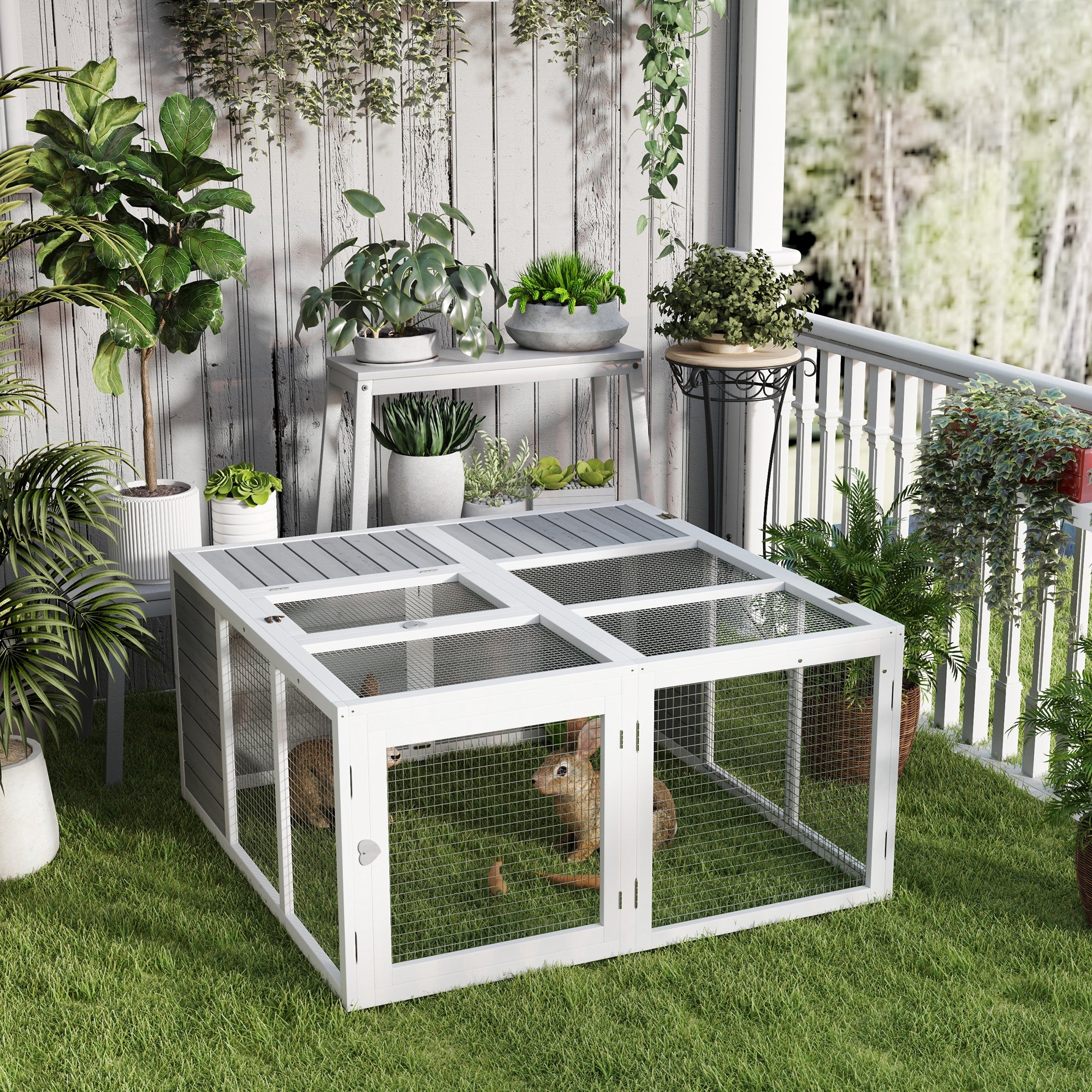 PawHut 48 Inch Rabbit Hutch Rabbit Run Small Animal Guinea Pig House Bunny Cage Hideaway Outdoor with Openable Roof Grey