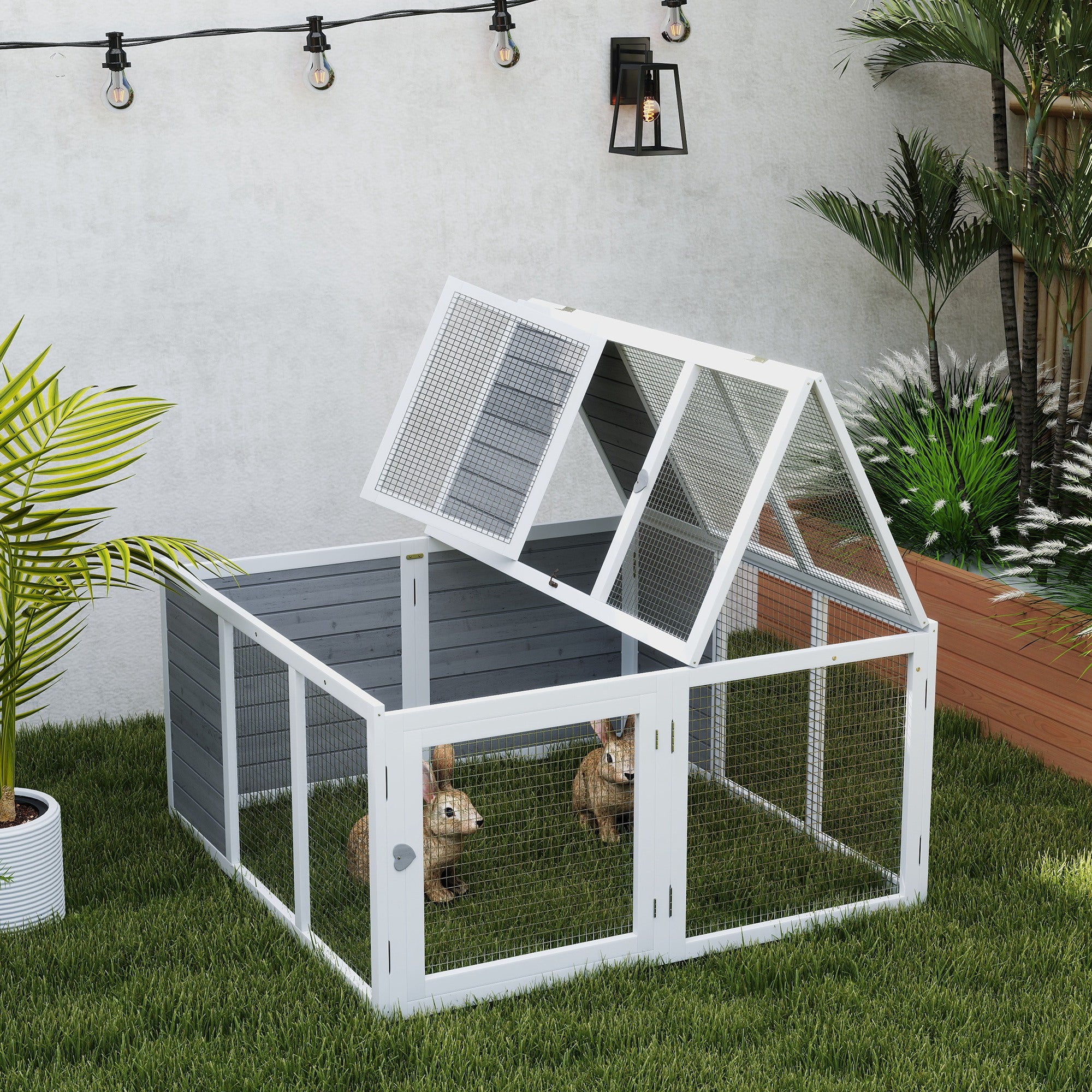 PawHut 48 Inch Rabbit Hutch Rabbit Run Small Animal Guinea Pig House Bunny Cage Hideaway Outdoor with Openable Roof Grey