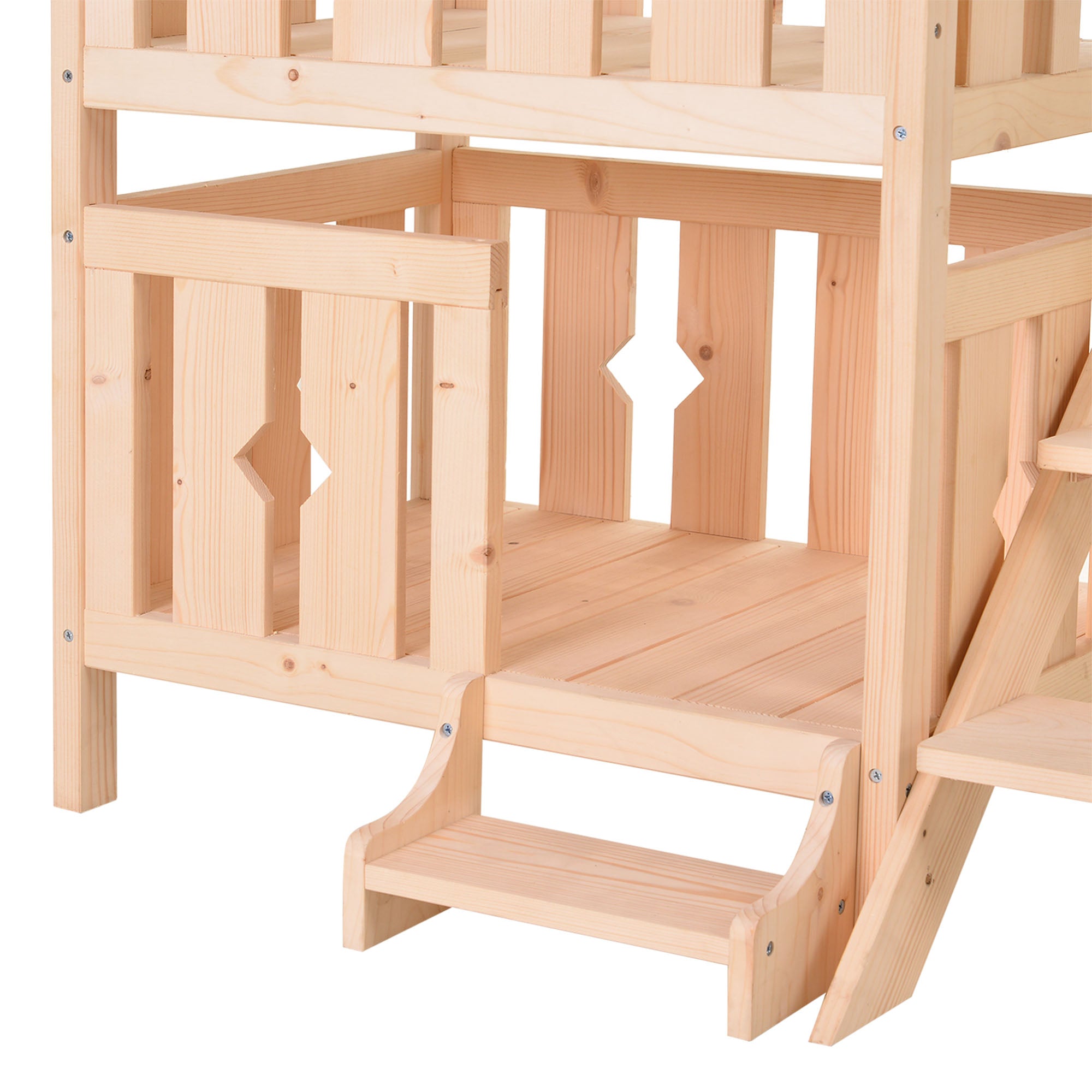 PawHut 2-Story Wooden Cat House with 2 Elevated Pet Beds, Protective & Secure Side Rails & Sturdy Wooden Design, Natural