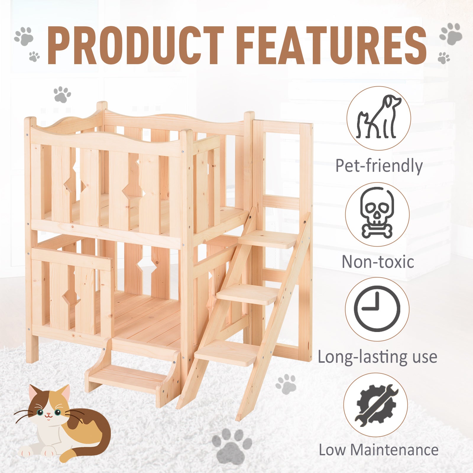 PawHut 2-Story Wooden Cat House with 2 Elevated Pet Beds, Protective & Secure Side Rails & Sturdy Wooden Design, Natural