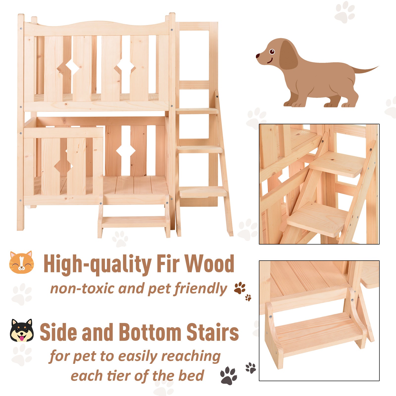 PawHut 2-Story Wooden Cat House with 2 Elevated Pet Beds, Protective & Secure Side Rails & Sturdy Wooden Design, Natural