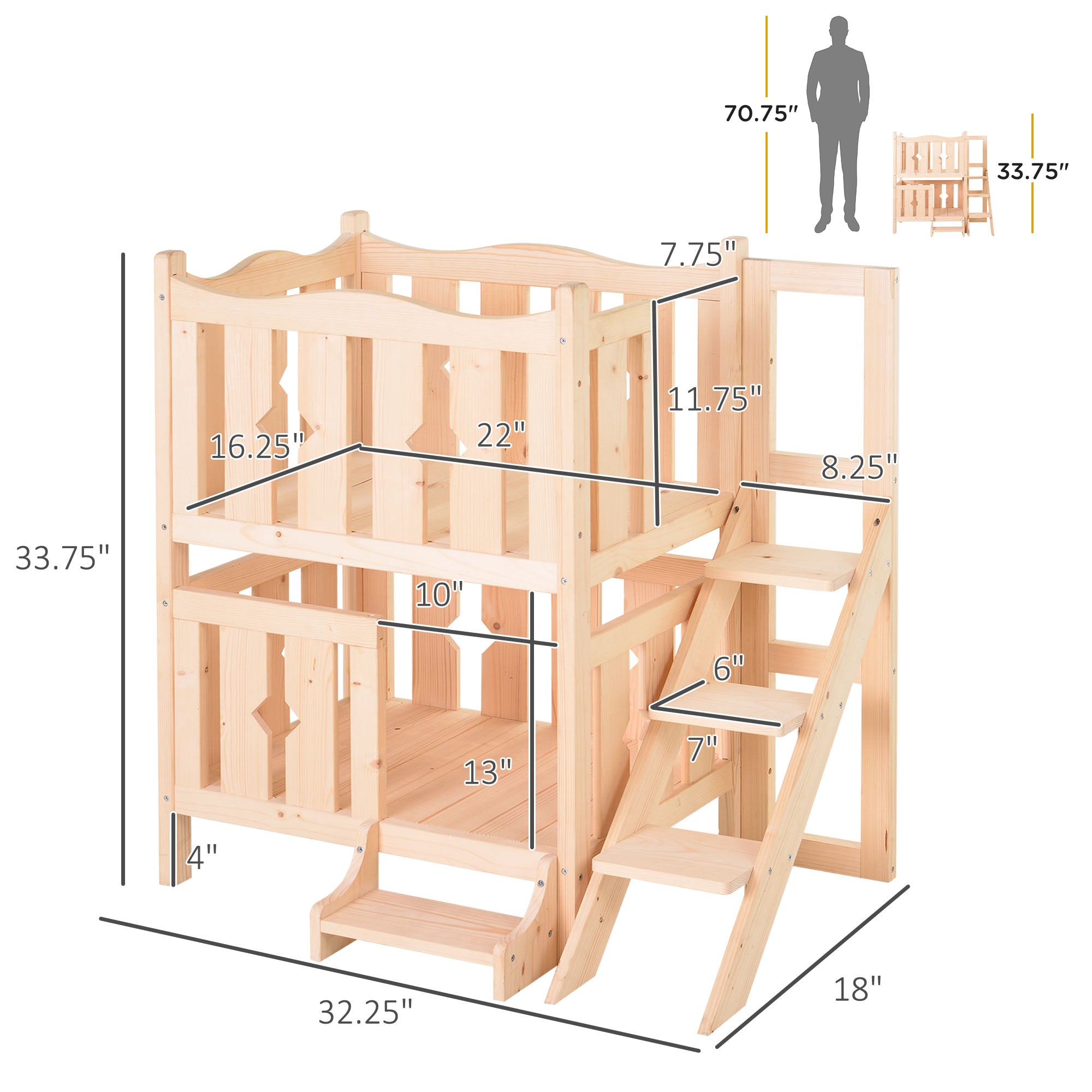 PawHut 2-Story Wooden Cat House with 2 Elevated Pet Beds, Protective & Secure Side Rails & Sturdy Wooden Design, Natural