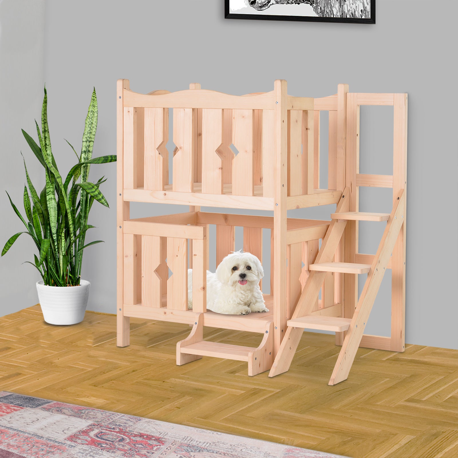 PawHut 2-Story Wooden Cat House with 2 Elevated Pet Beds, Protective & Secure Side Rails & Sturdy Wooden Design, Natural