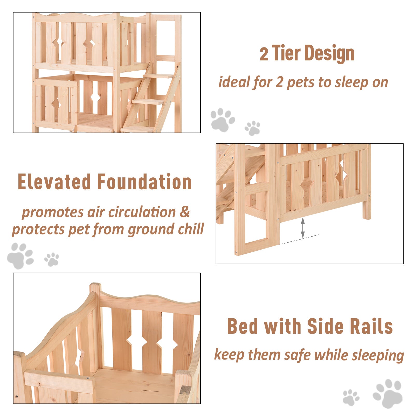 PawHut 2-Story Wooden Cat House with 2 Elevated Pet Beds, Protective & Secure Side Rails & Sturdy Wooden Design, Natural