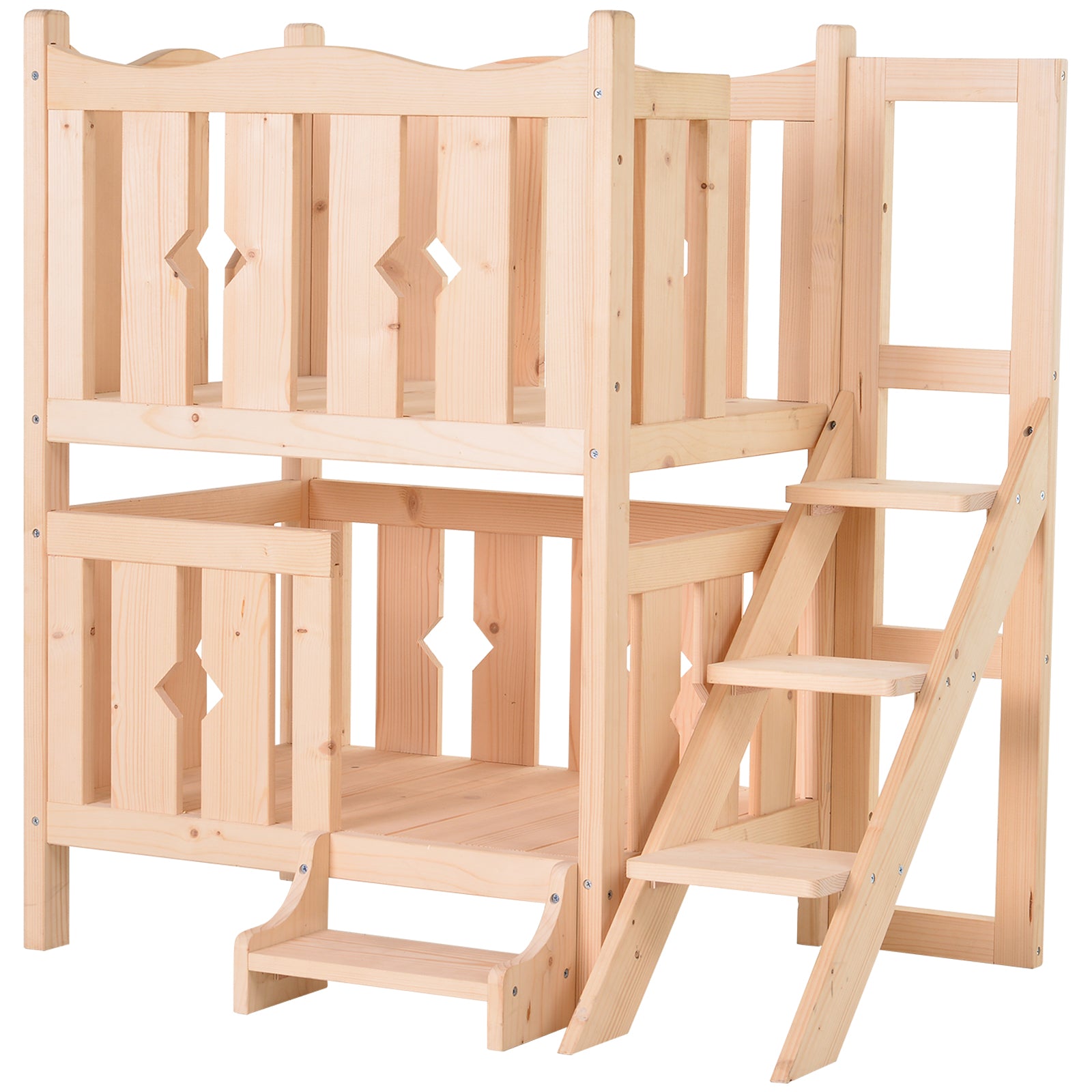 PawHut 2-Story Wooden Cat House with 2 Elevated Pet Beds, Protective & Secure Side Rails & Sturdy Wooden Design, Natural