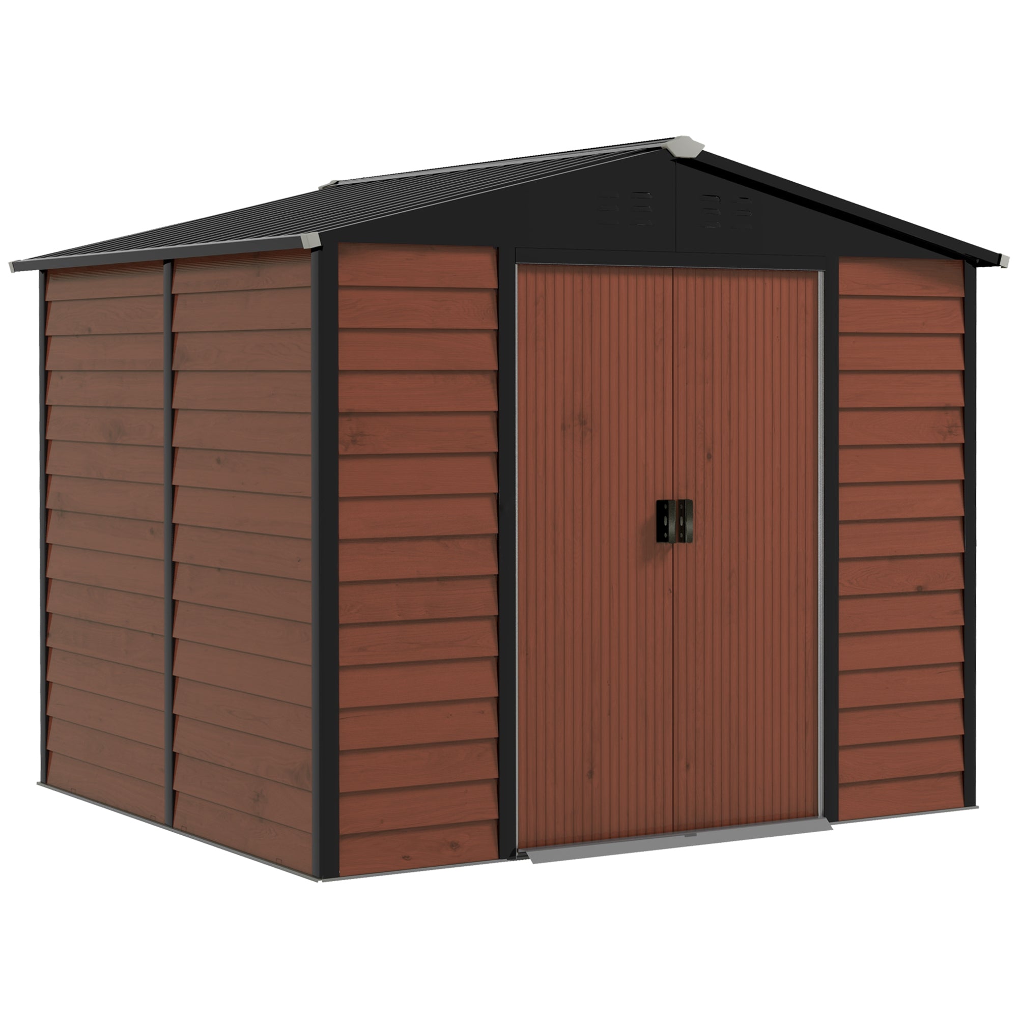 Outsunny 8' x 7' Outdoor Storage Shed, Galvanized Steel Metal Garden Shed with Lockable Doors, Floor Frame, Vents, Lock and Gloves for Backyard, Lawn, Patio, Teak