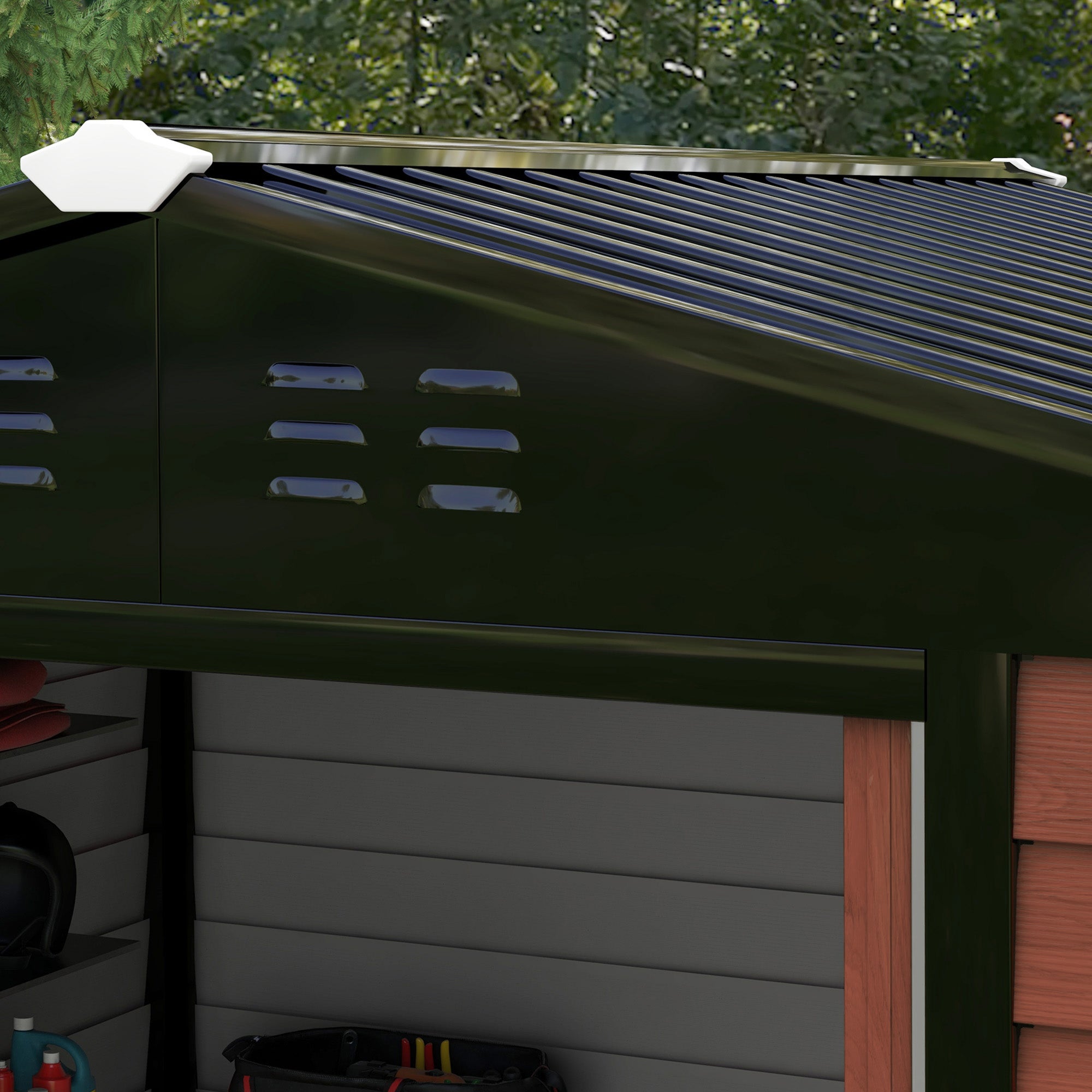 Outsunny 8' x 7' Outdoor Storage Shed, Galvanized Steel Metal Garden Shed with Lockable Doors, Floor Frame, Vents, Lock and Gloves for Backyard, Lawn, Patio, Teak