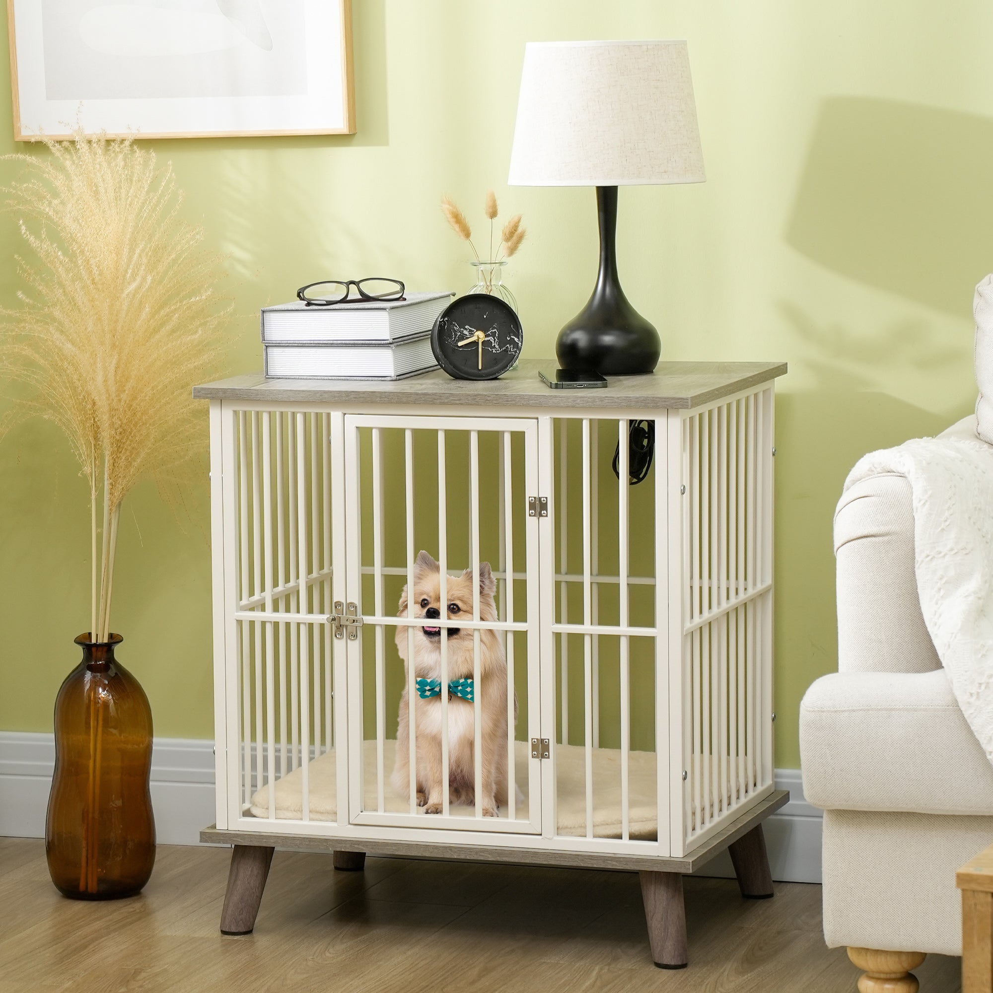 PawHut Dog Crate Furniture, Indoor Pet Kennel Cage, Top End Table w/ Soft Cushion, Lockable Door, for Small Dogs, 64.5 x 48 x 70.5 cm - Grey