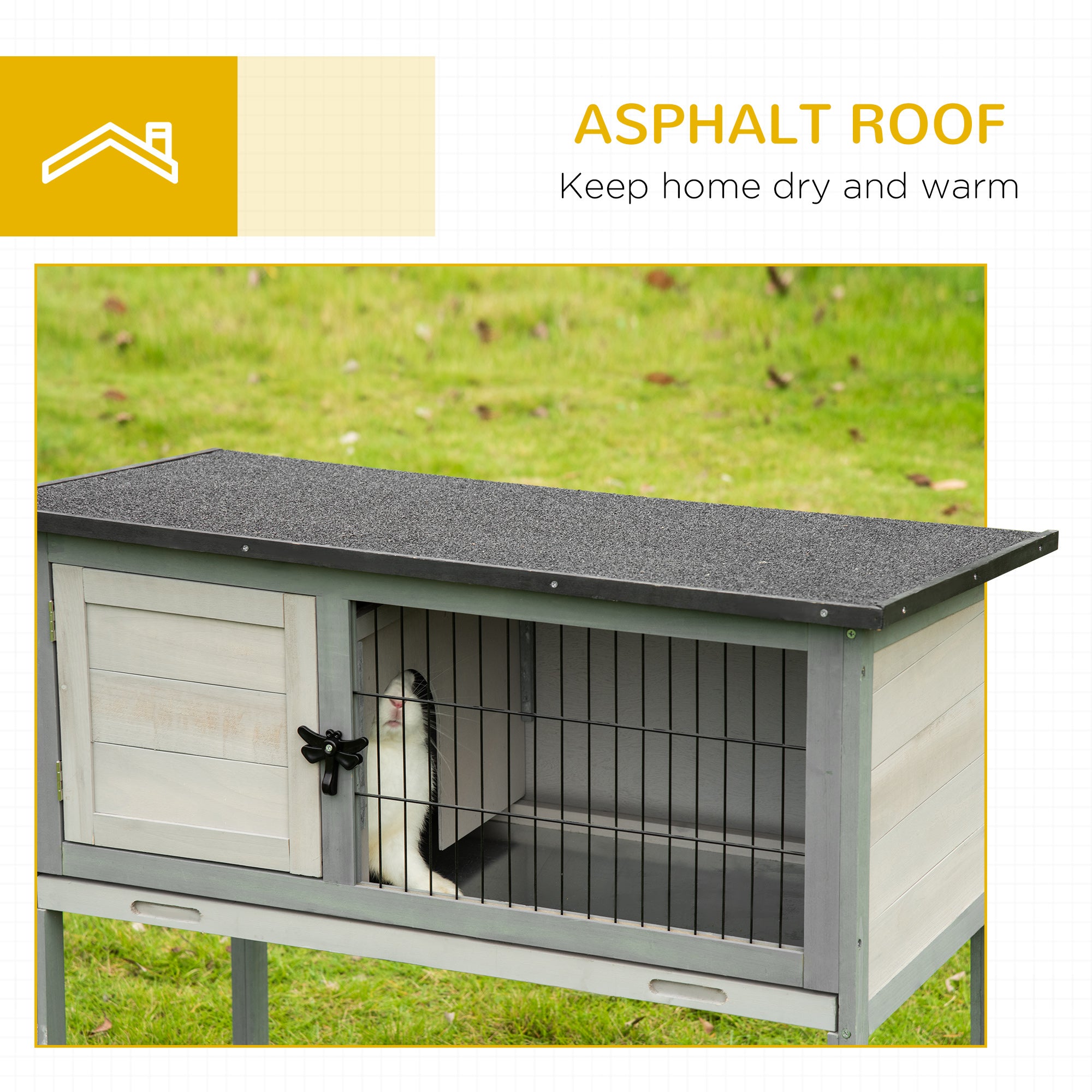 PawHut Wooden Rabbit Hutch Bunny Small Animal House with Openable Asphalt Roof, Slide-out Tray, Indoor/Outdoor, Grey