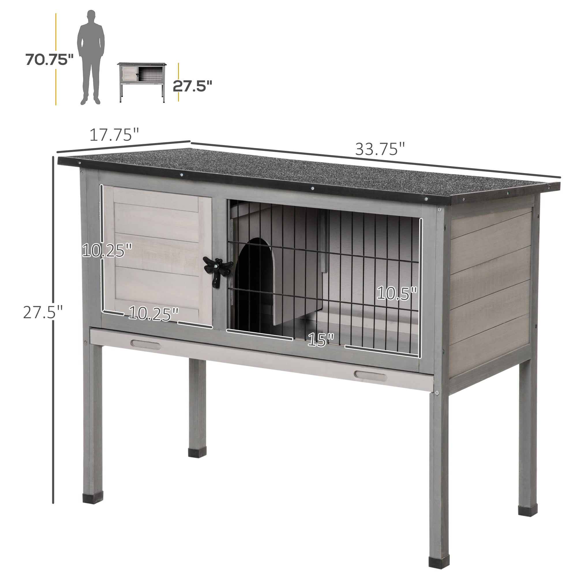 PawHut Wooden Rabbit Hutch Bunny Small Animal House with Openable Asphalt Roof, Slide-out Tray, Indoor/Outdoor, Grey