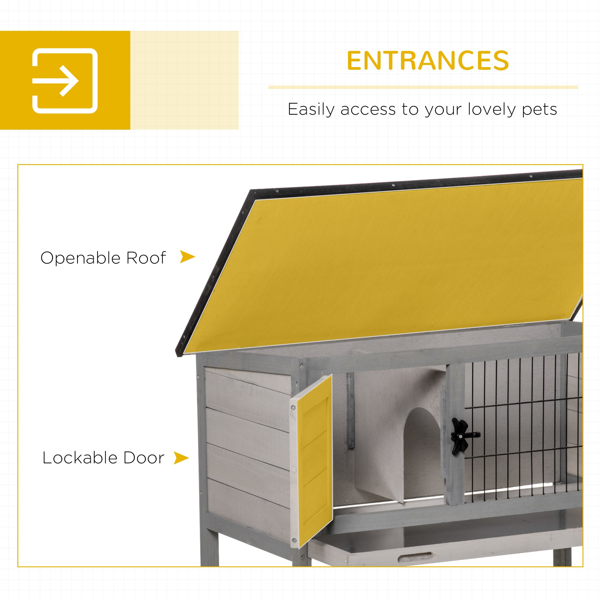 PawHut Wooden Rabbit Hutch Bunny Small Animal House with Openable Asphalt Roof, Slide-out Tray, Indoor/Outdoor, Grey