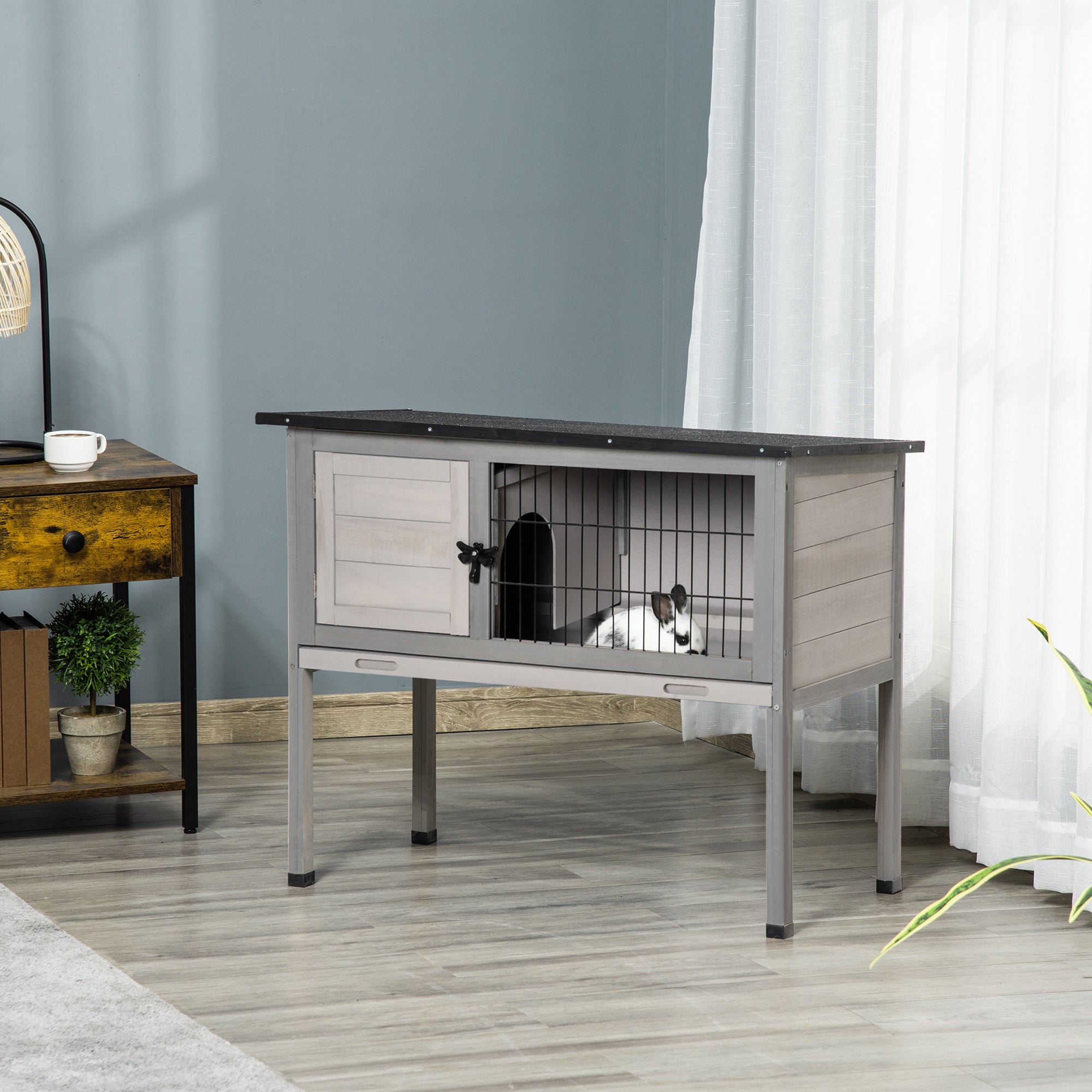 PawHut Wooden Rabbit Hutch Bunny Small Animal House with Openable Asphalt Roof, Slide-out Tray, Indoor/Outdoor, Grey