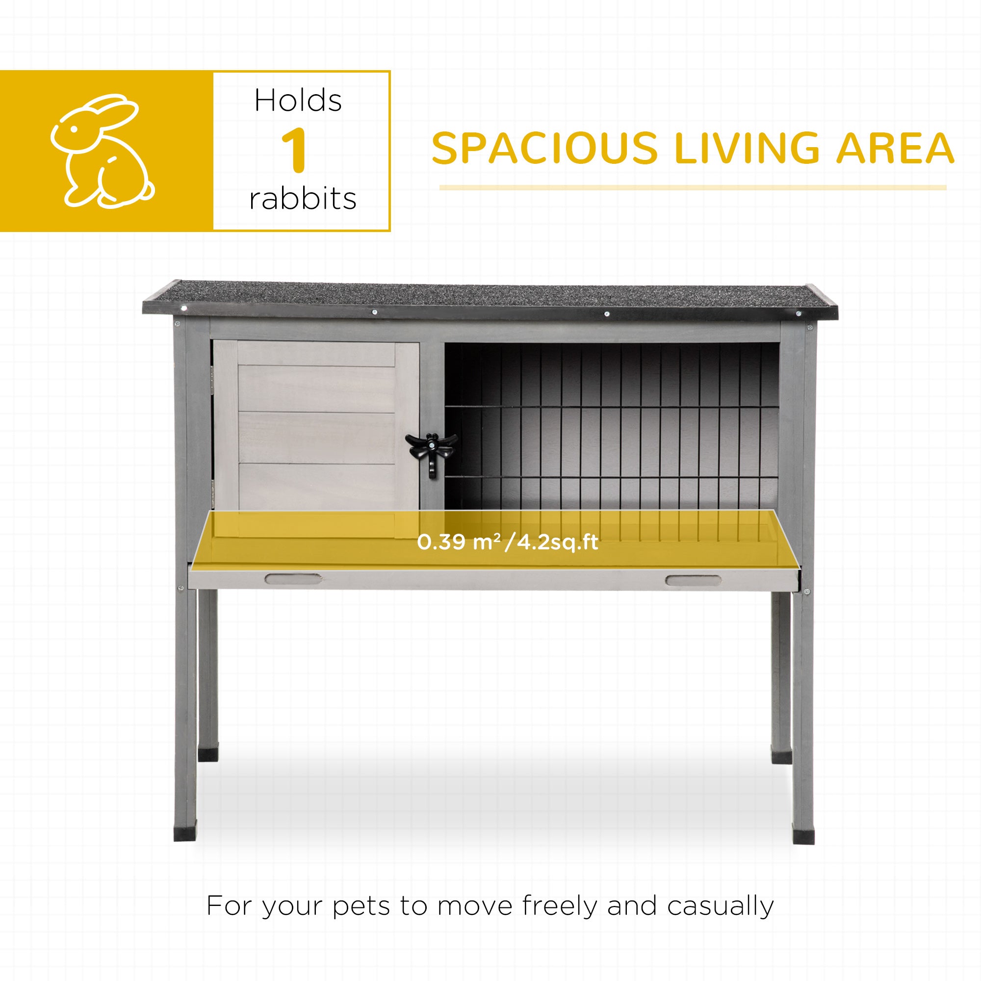 PawHut Wooden Rabbit Hutch Bunny Small Animal House with Openable Asphalt Roof, Slide-out Tray, Indoor/Outdoor, Grey