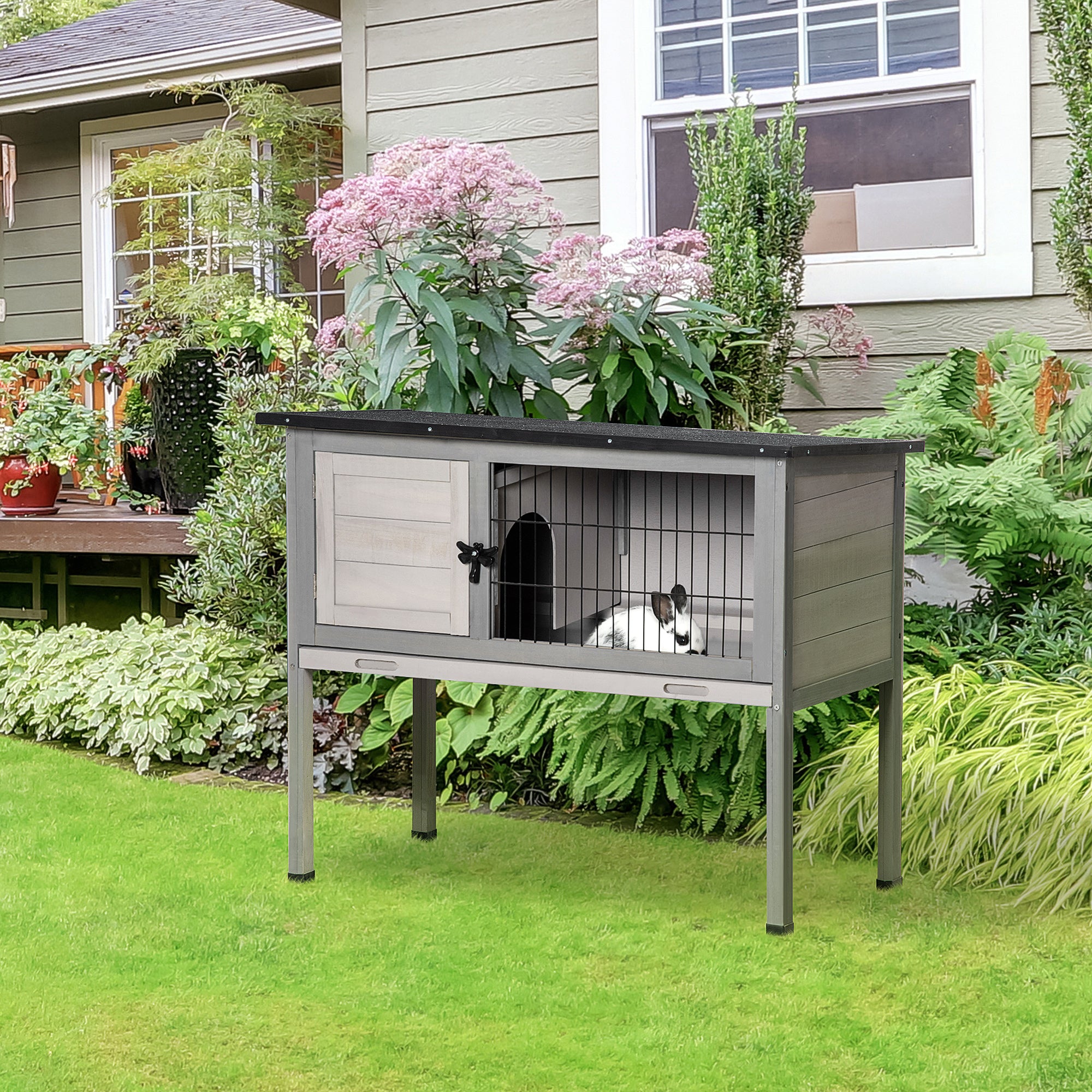 PawHut Wooden Rabbit Hutch Bunny Small Animal House with Openable Asphalt Roof, Slide-out Tray, Indoor/Outdoor, Grey
