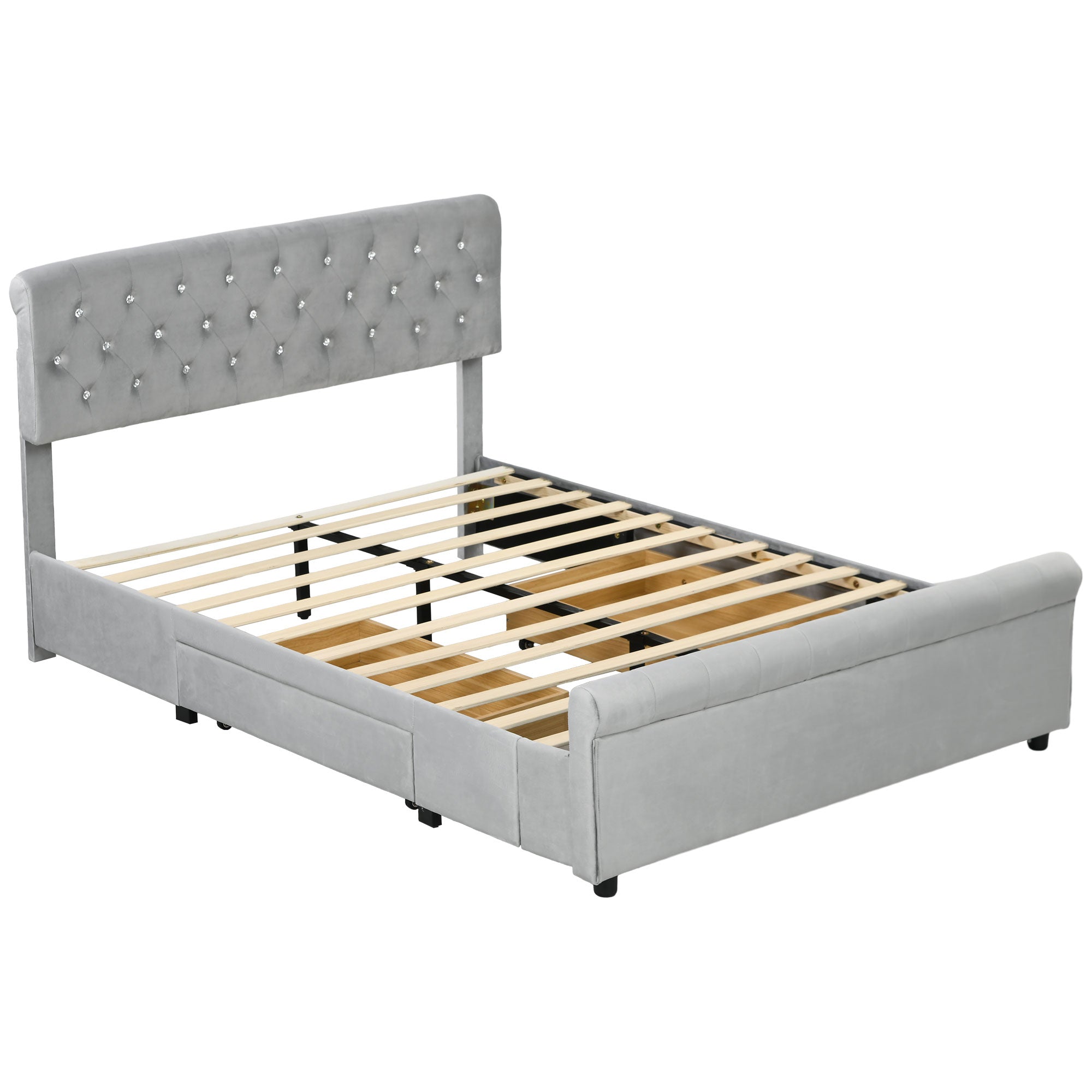 HOMCOM Full Size Platform Bed Frame with 2 Drawers, Upholstered Headboard with Crystal Tufted Design, Wooden Slats Mattress Foundation, No Box Spring Needed, Light Grey