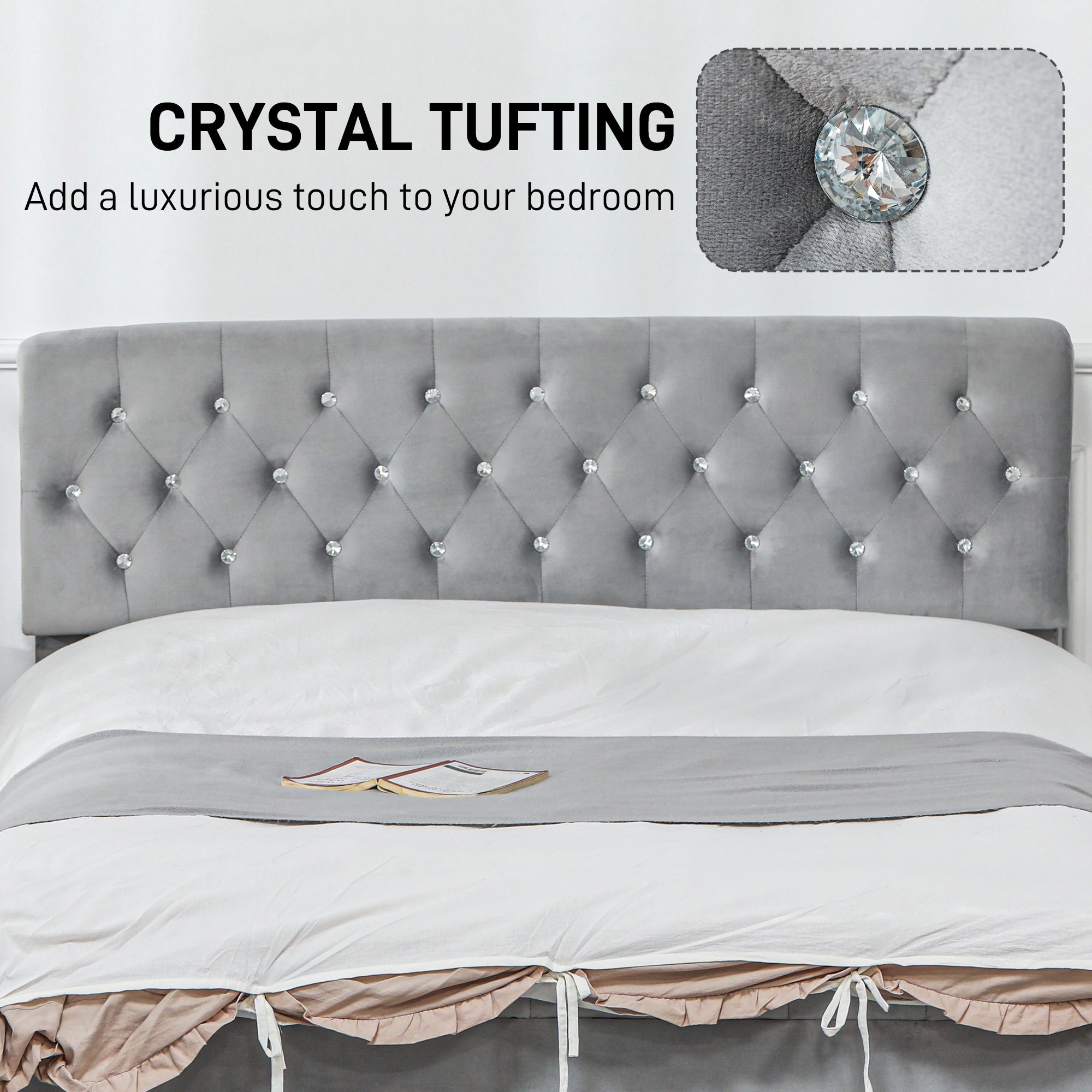 HOMCOM Full Size Platform Bed Frame with 2 Drawers, Upholstered Headboard with Crystal Tufted Design, Wooden Slats Mattress Foundation, No Box Spring Needed, Light Grey