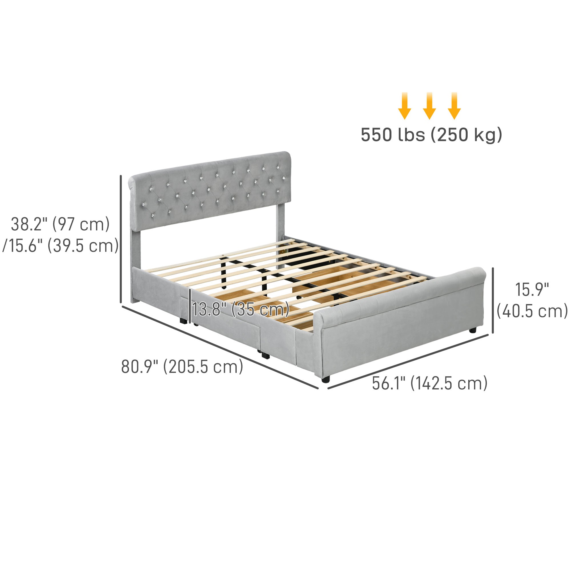 HOMCOM Full Size Platform Bed Frame with 2 Drawers, Upholstered Headboard with Crystal Tufted Design, Wooden Slats Mattress Foundation, No Box Spring Needed, Light Grey