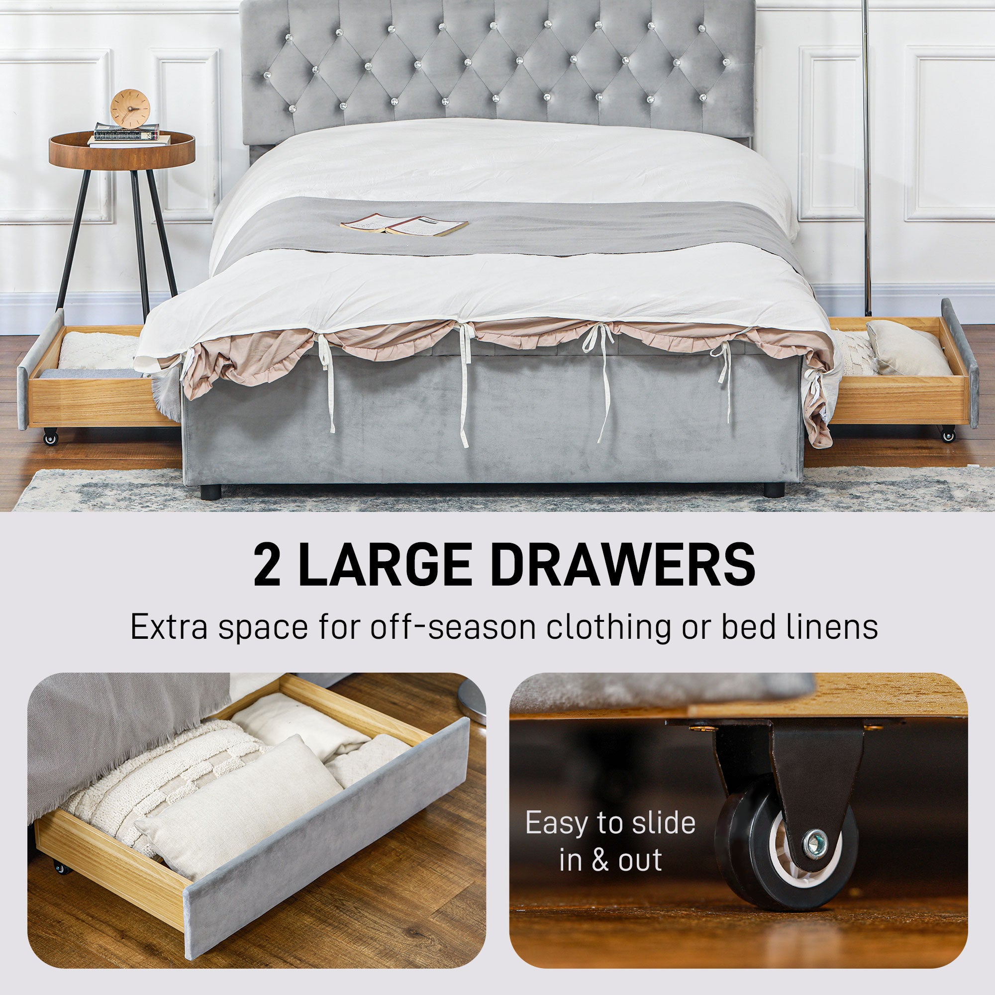 HOMCOM Full Size Platform Bed Frame with 2 Drawers, Upholstered Headboard with Crystal Tufted Design, Wooden Slats Mattress Foundation, No Box Spring Needed, Light Grey