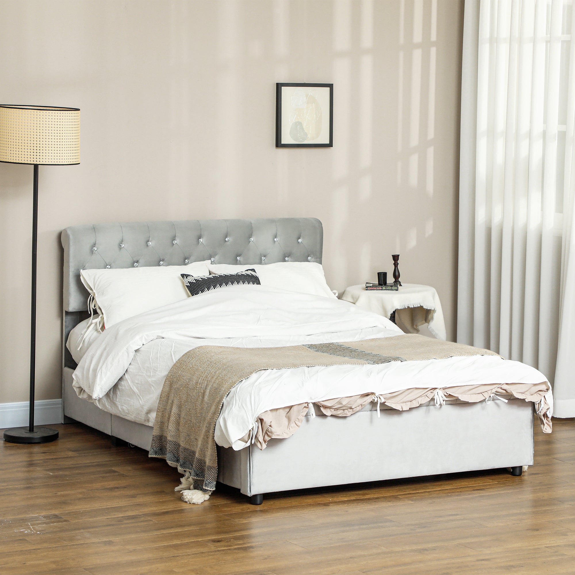 HOMCOM Full Size Platform Bed Frame with 2 Drawers, Upholstered Headboard with Crystal Tufted Design, Wooden Slats Mattress Foundation, No Box Spring Needed, Light Grey