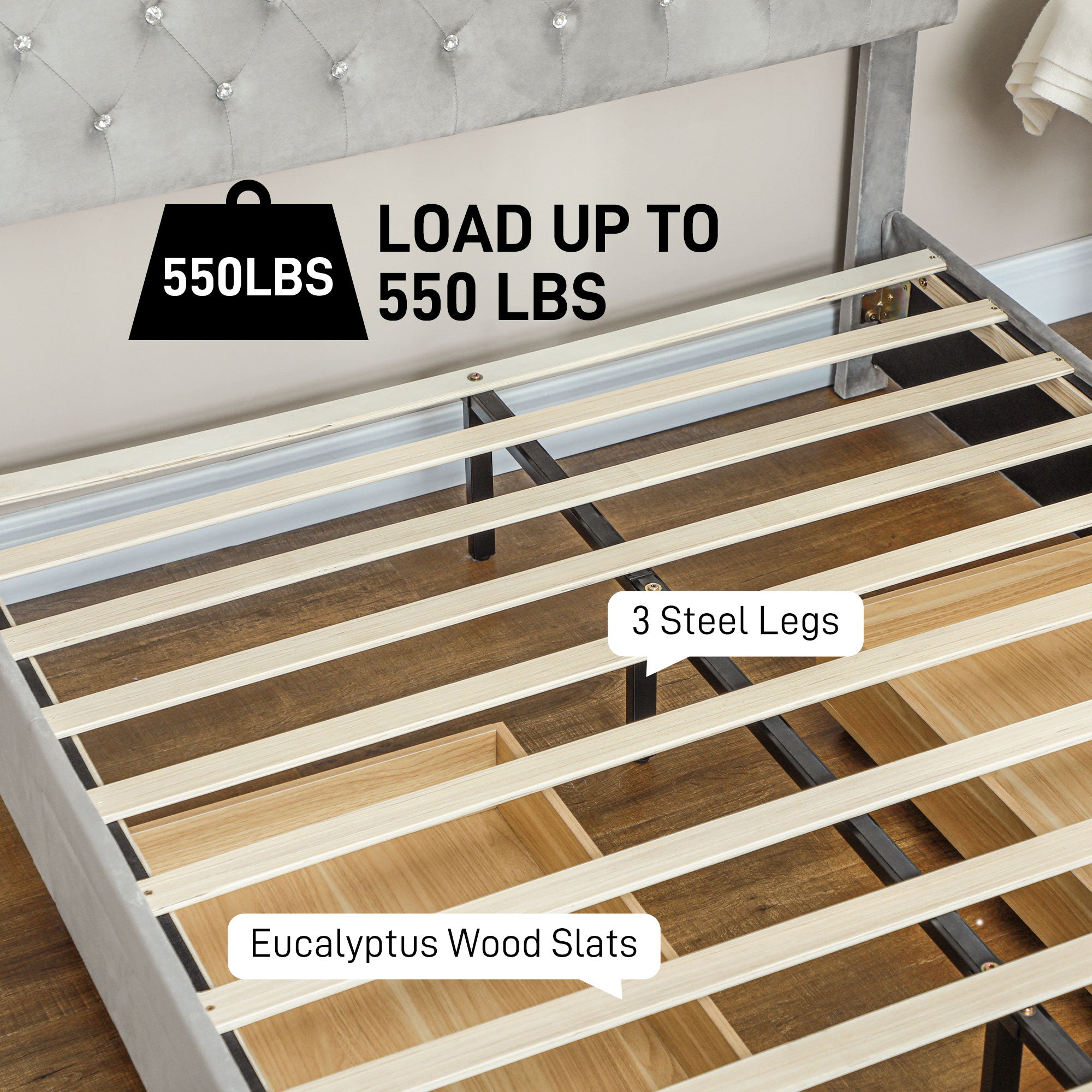 HOMCOM Full Size Platform Bed Frame with 2 Drawers, Upholstered Headboard with Crystal Tufted Design, Wooden Slats Mattress Foundation, No Box Spring Needed, Light Grey