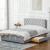 HOMCOM Full Size Platform Bed Frame with 2 Drawers, Upholstered Headboard with Crystal Tufted Design, Wooden Slats Mattress Foundation, No Box Spring Needed, Light Grey