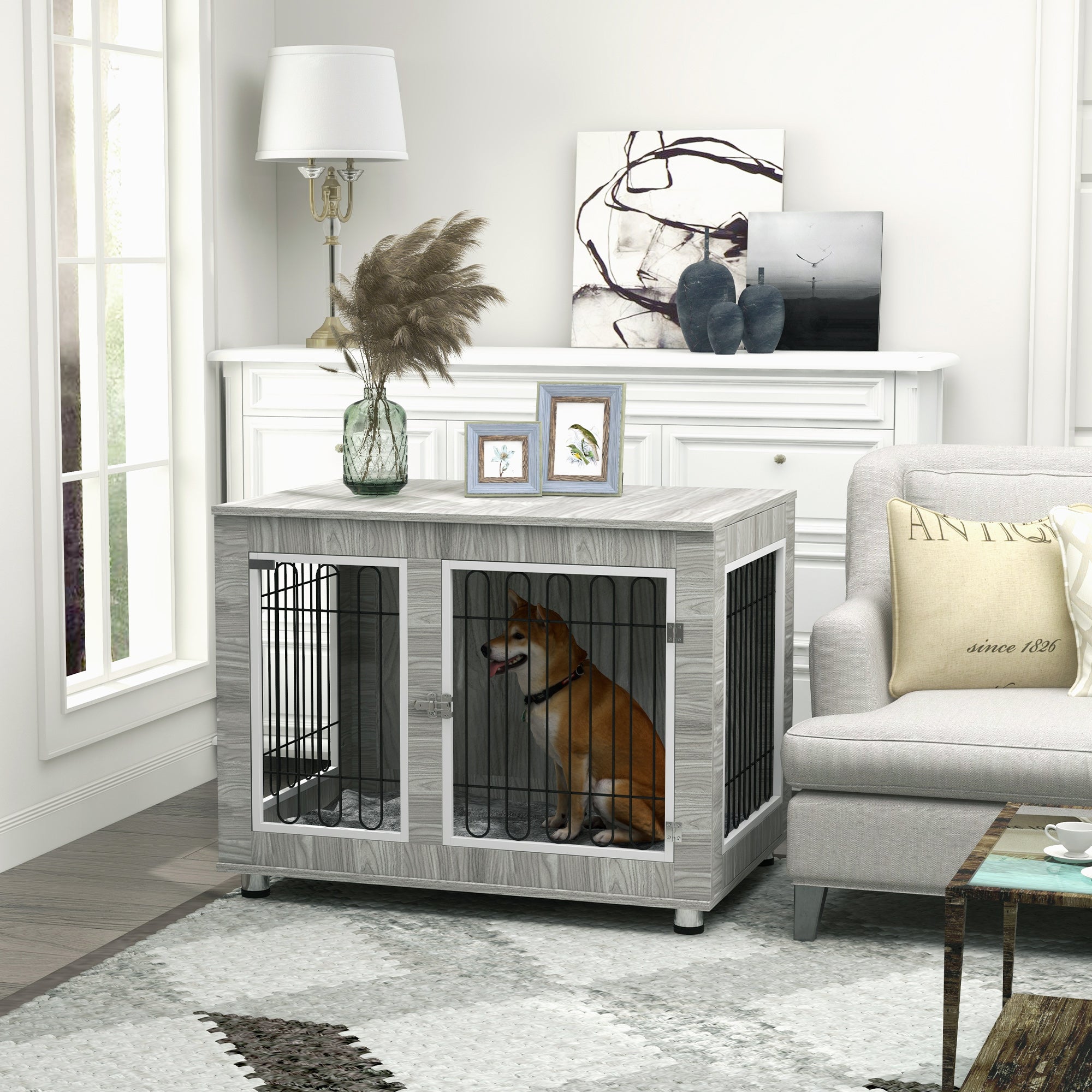 PawHut Dog Crate Furniture, Side End Table, Indoor Dog Kennel with Soft Washable Cushion, Wire Mesh, Large Top, for Large Dogs, 106 x 74 x 81.5, Grey