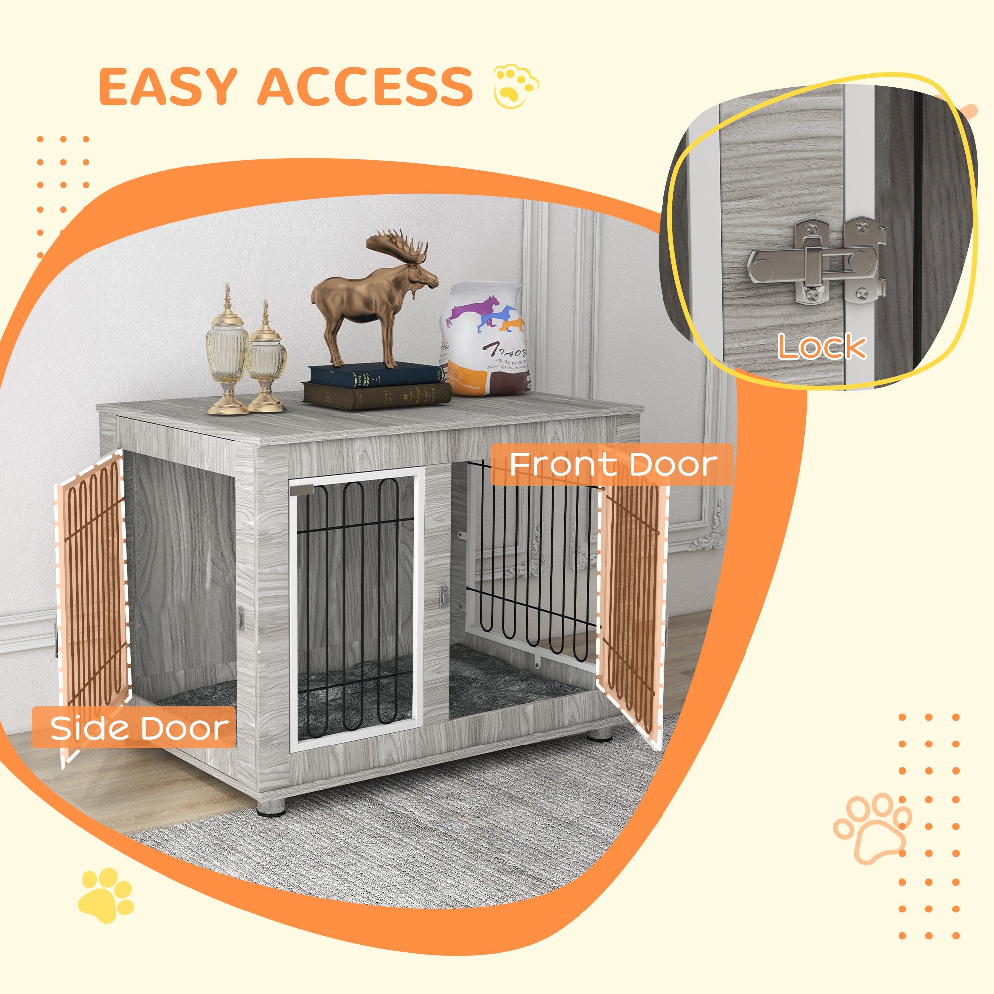 PawHut Dog Crate Furniture, Side End Table, Indoor Dog Kennel with Soft Washable Cushion, Wire Mesh, Large Top, for Large Dogs, 106 x 74 x 81.5, Grey