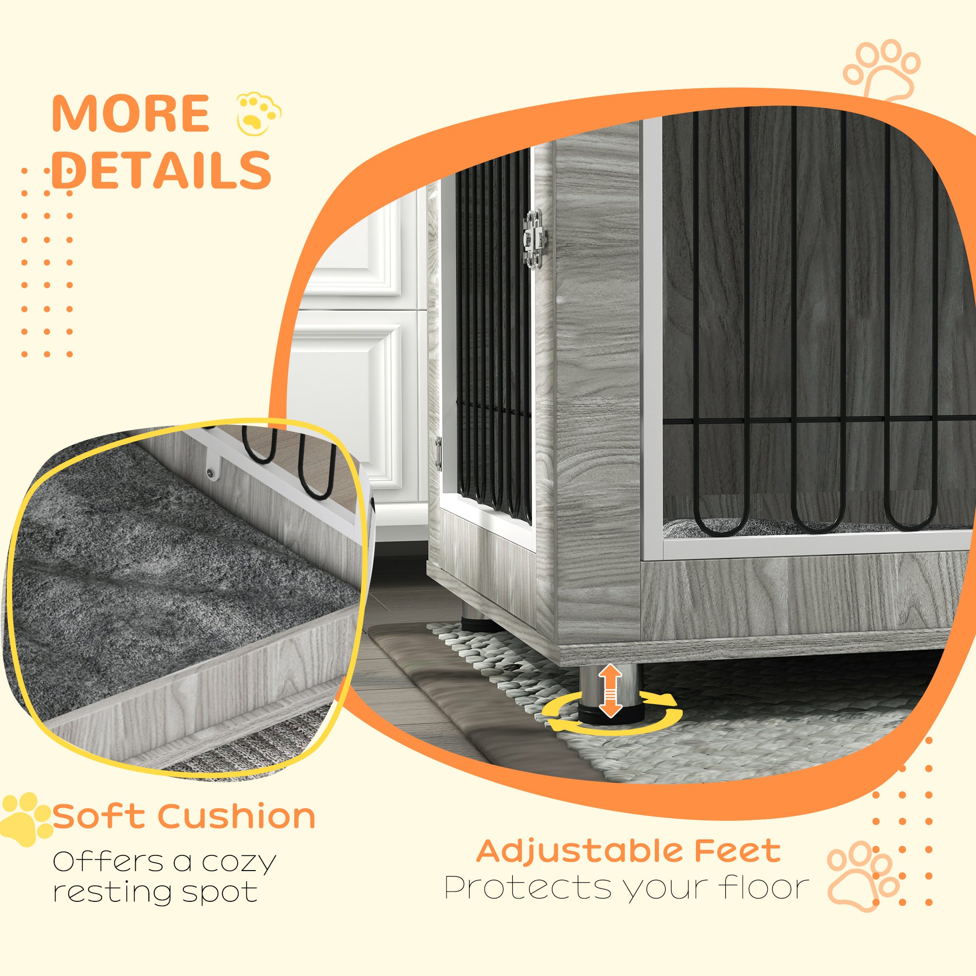PawHut Dog Crate Furniture, Side End Table, Indoor Dog Kennel with Soft Washable Cushion, Wire Mesh, Large Top, for Large Dogs, 106 x 74 x 81.5, Grey