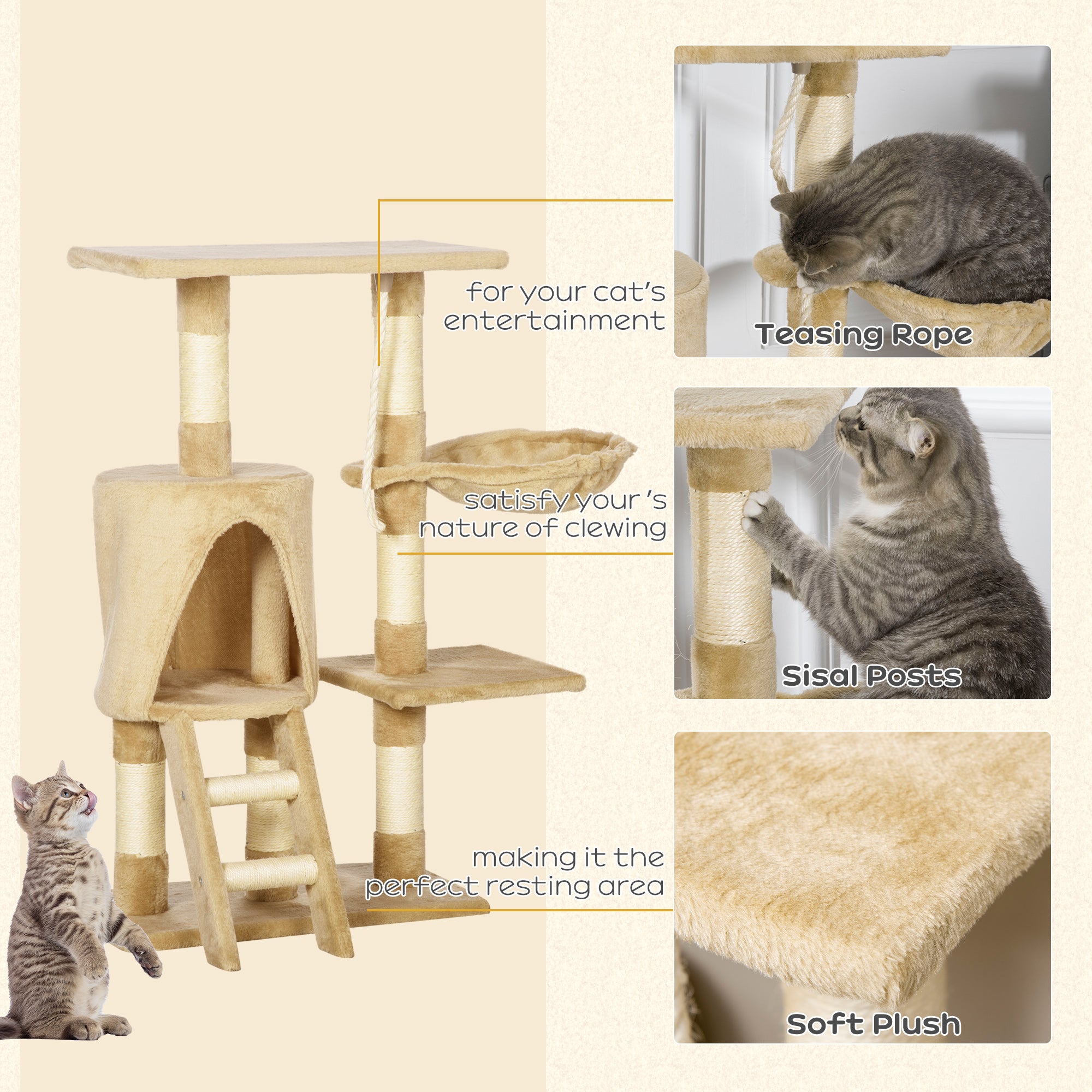 PawHut 37.8" Cat Tree for Indoor Cats, Cat Tower with Large Cat Condo and Sisal Scratching Post for Kittens, Brown